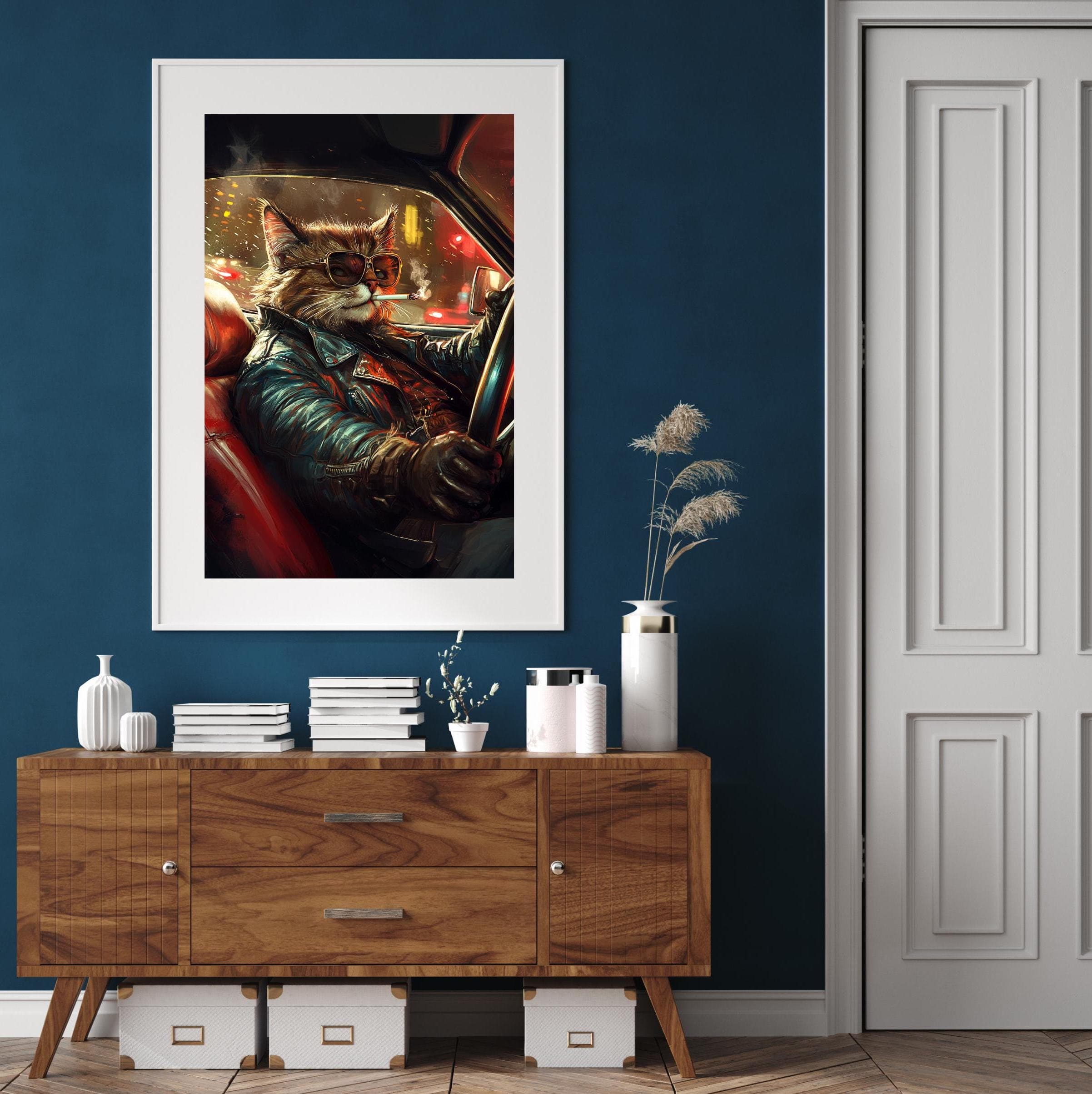 Retro Cool Cat Leather Jacket Print, Driving Car Wall Art (Digital Download) - view 5