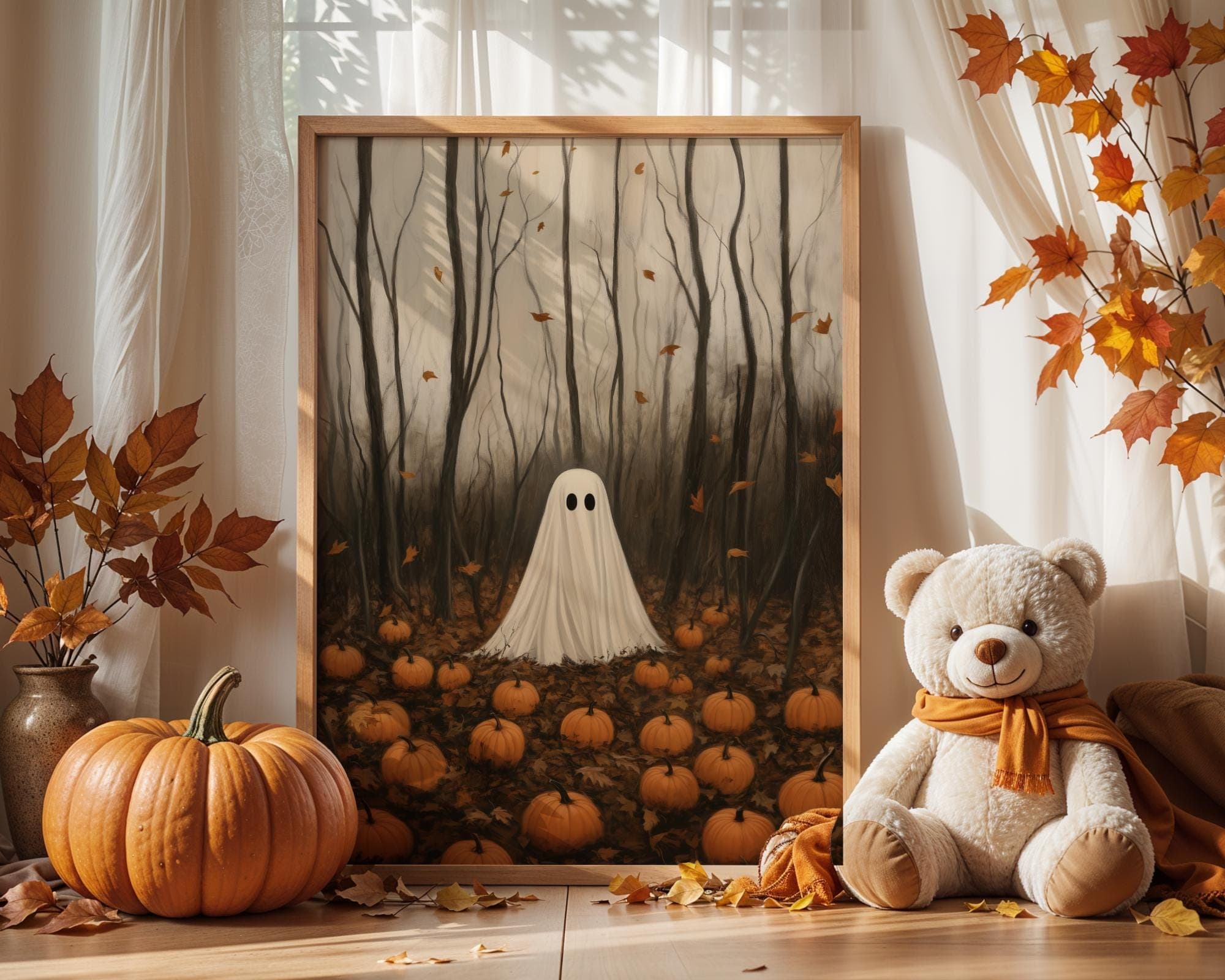 Ghost in the Woods with Pumpkins, Dark Academia, Cottagecore Spooky Decor, Halloween vintage poster, gothic oil painting, haunting ghost - view 2