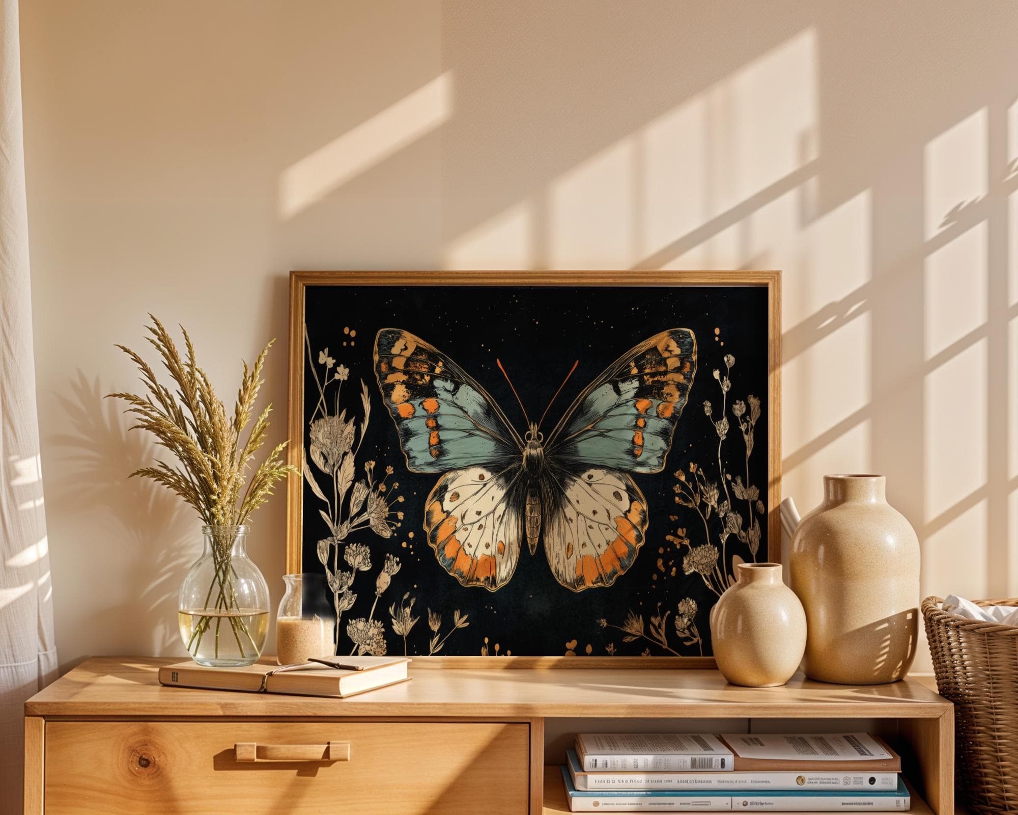 Blue Butterfly Botanical Wall Art Print – Vintage Insect, moody moth wall decor, butterfly printable, boho floral woodland moth cottagecore - view 3