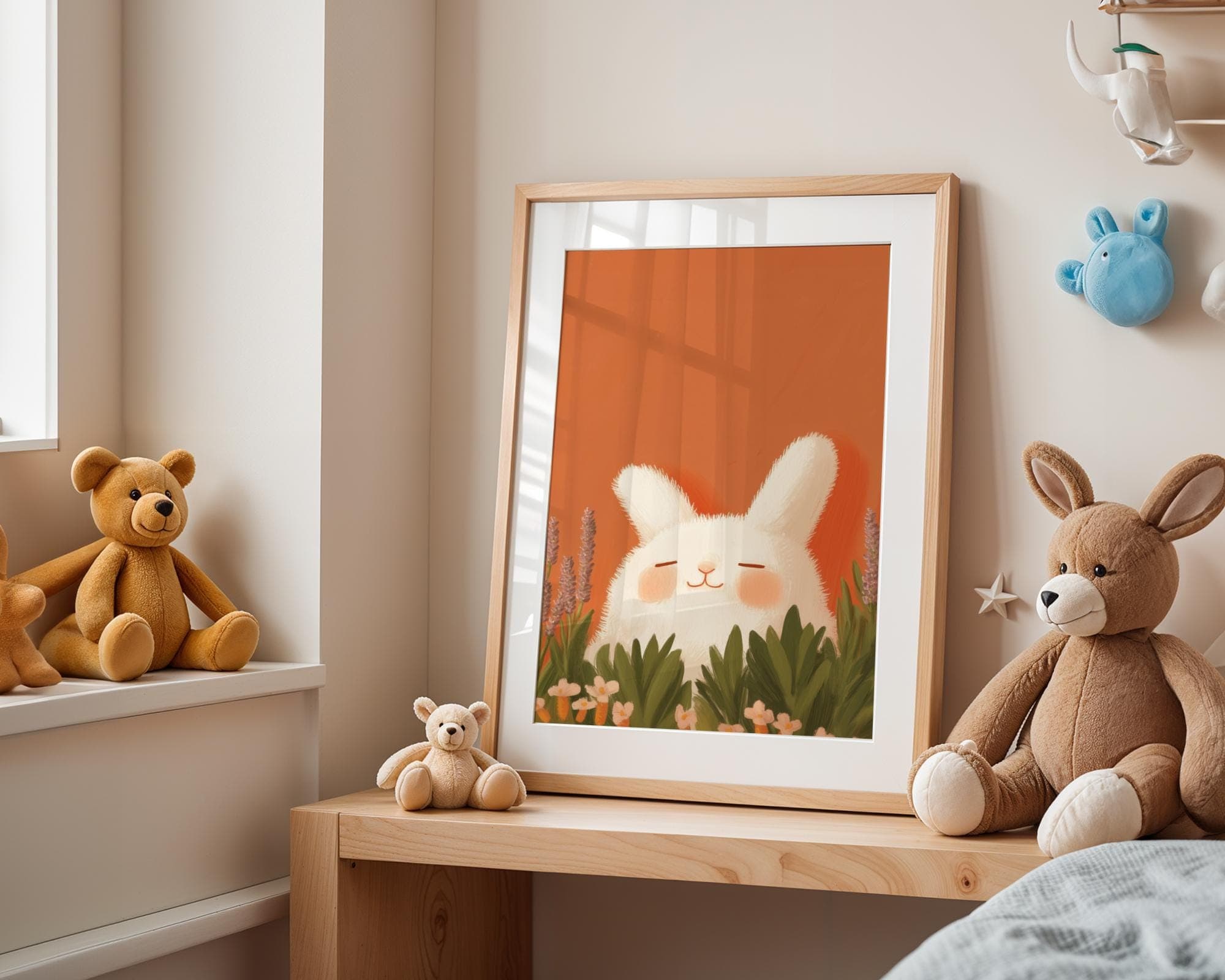 Whimsical Bunny Wall Art, Kids Room Animal Art, Fluffy Bunny Orange Painting, Baby Room Wall Art, Dreamy Baby Room Art, Soft Orange Wall Art - view 2