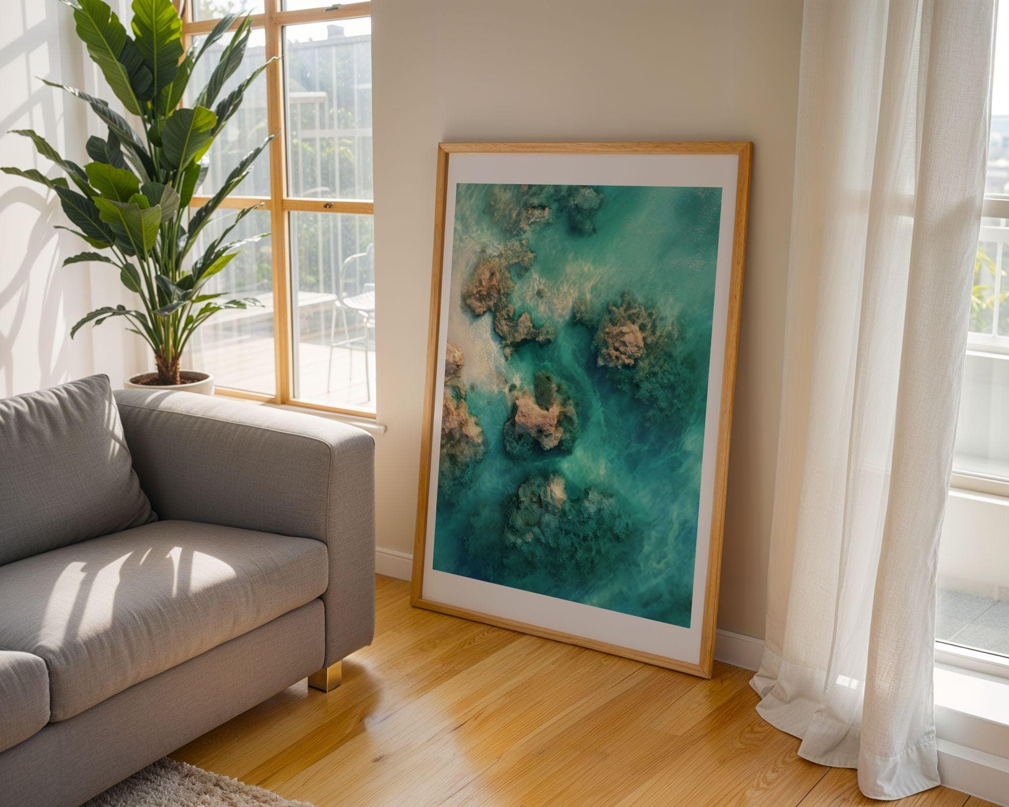 Aerial Ocean Reef Art Print, Turquoise Sea Wall Decor, Emareld Green Background Print, Aerial Ocean Print, Modern Ocean Wall Art, Digital - view 4