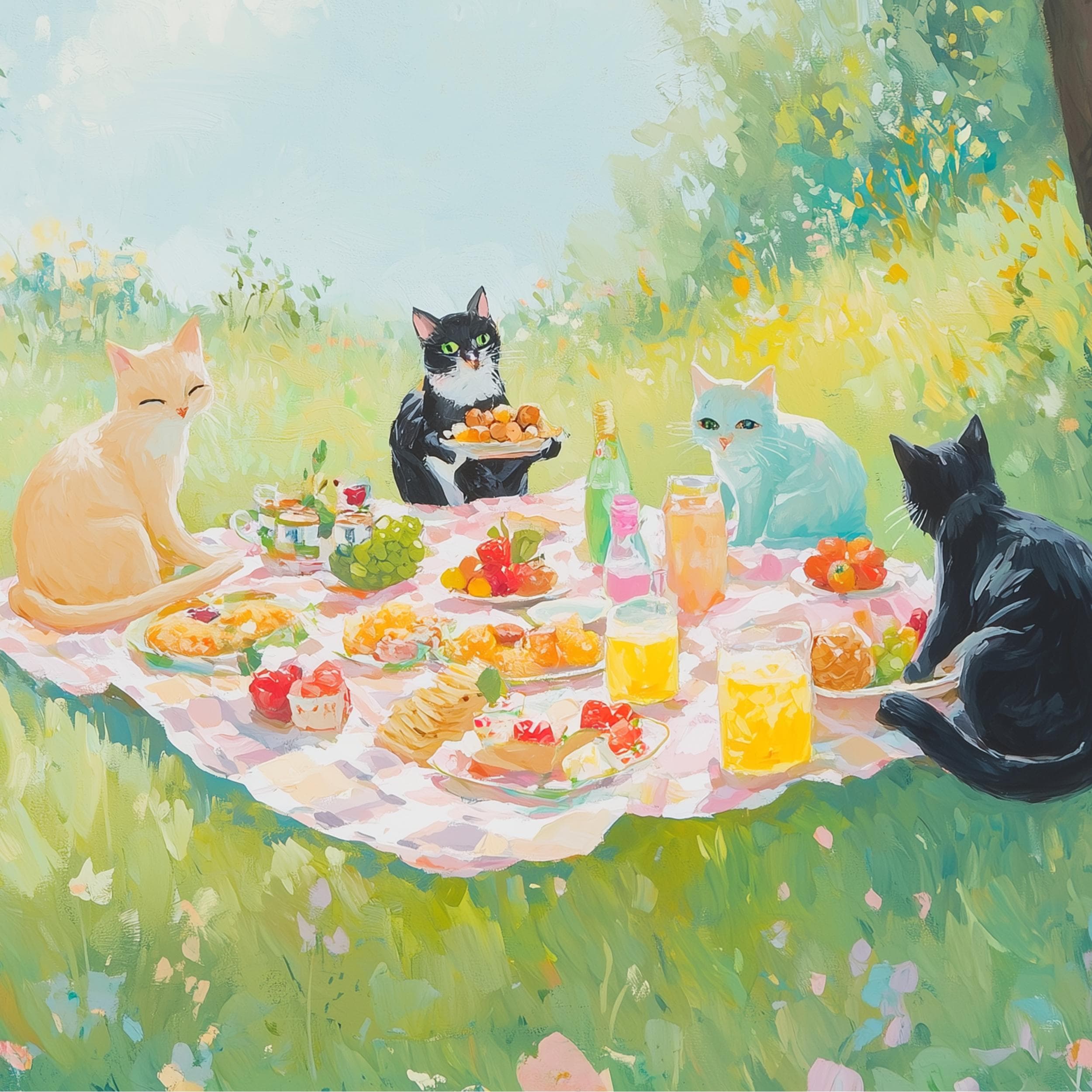 Pastel Cat Picnic Digital Art, Maximalist Dopamine Decor, Colorful Cat Poster, Kitsch Aesthetic Wall Art, Trendy Art, Apartment Decor - view 2