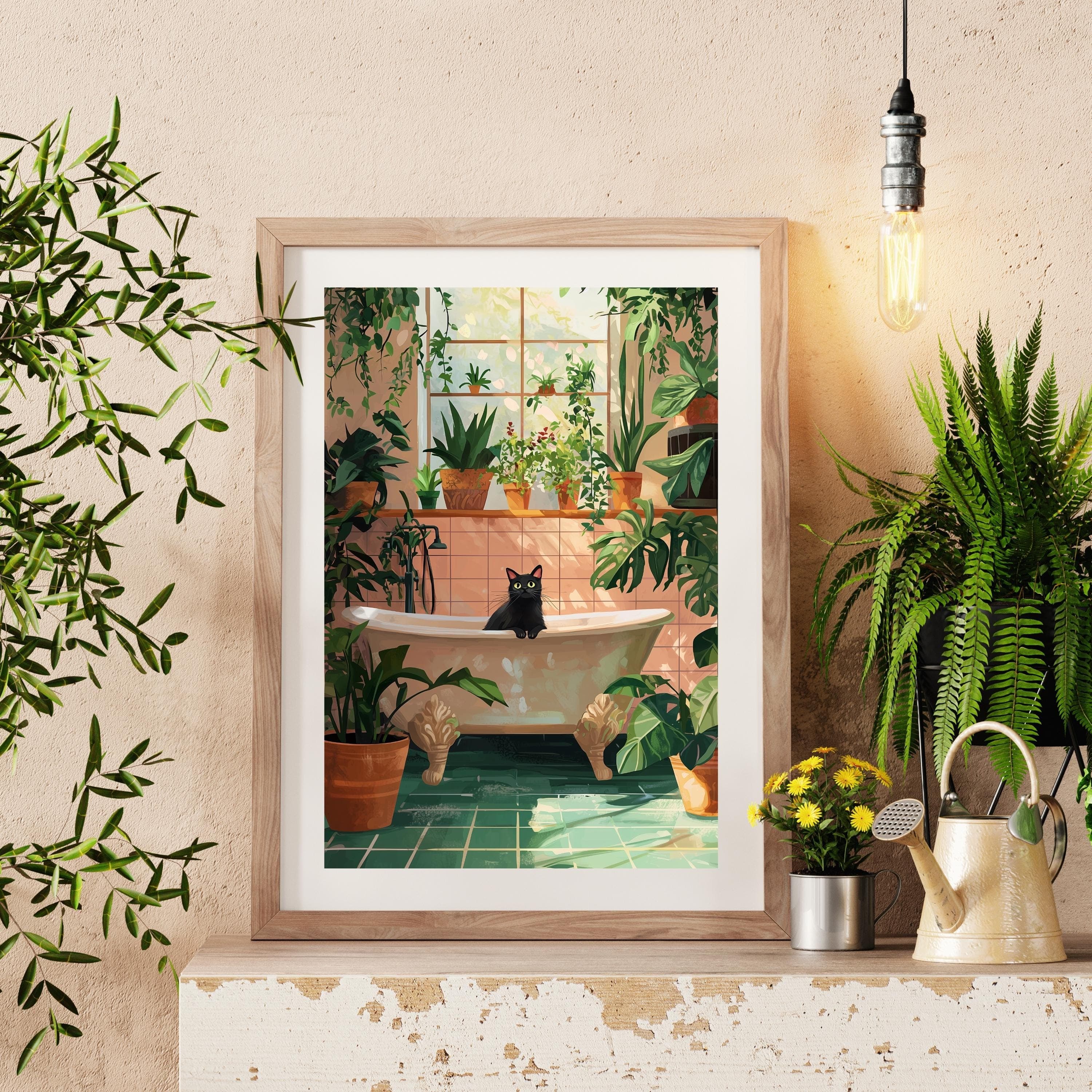 Bath Cat Print Funny, Orange Painting Poster, Animal Wall Art, Digital Wall Art, Bathtube Wall Art, Cat in Bathroom Art, Maximalist Cat Art - view 5