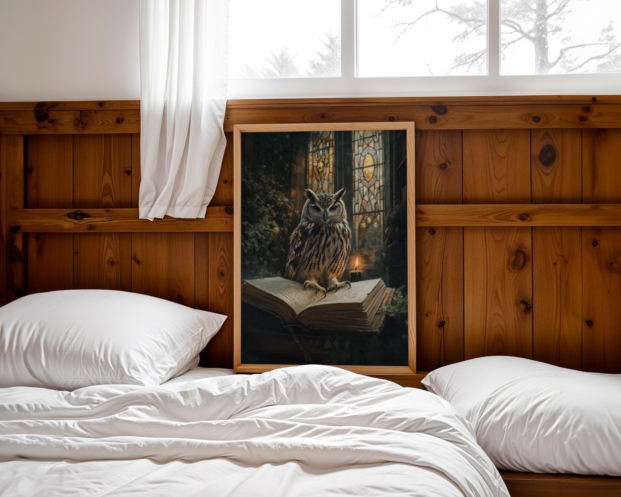 Gothic Owl and Skull Wall Art, Antique Owl Candlelit Art, Dark Academia Candlelit Library Painting, Vintage Book Stack Print, Gothic Art - view 5