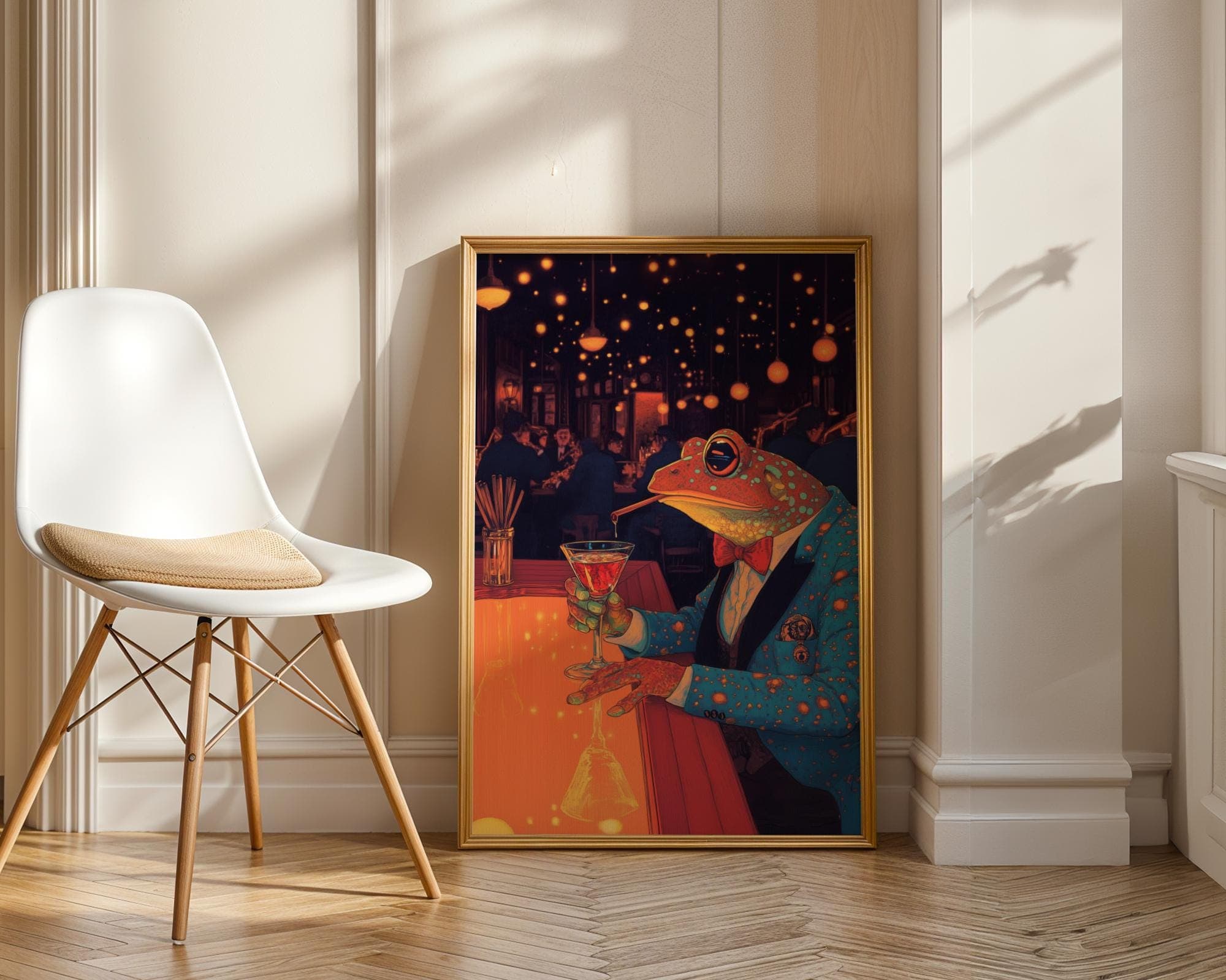 Frog in a Bar Art Print, Funky Animal Illustration for Eclectic Spaces, Quirky Wall Art for Home Bar and Lounge, Elegant Frog in Tuxedo - view 4