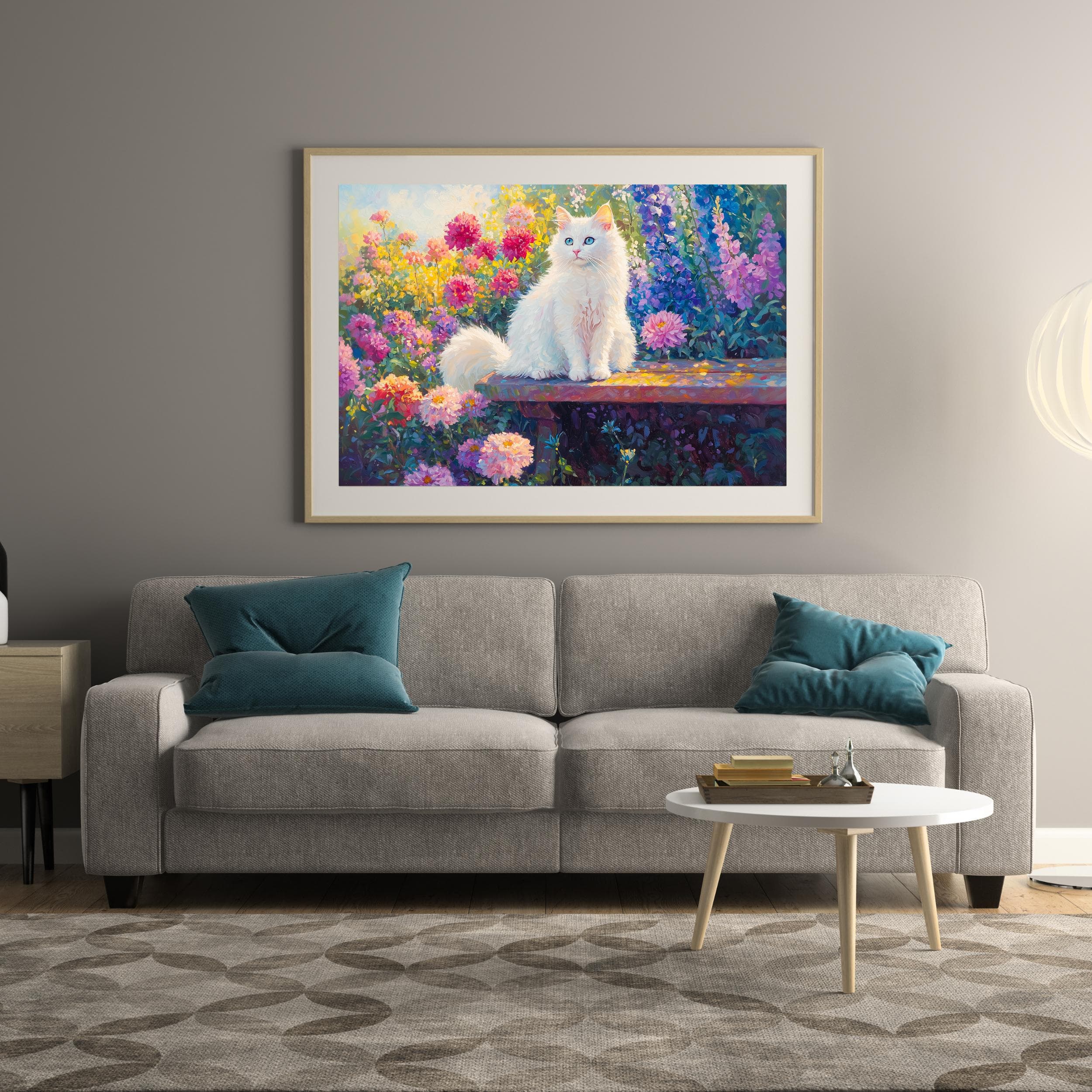 Fluffy white cat in a flower garden, Oil painting of cat and flowers, Garden oil painting print,Colorful floral art print, White Cat Artwork - view 6