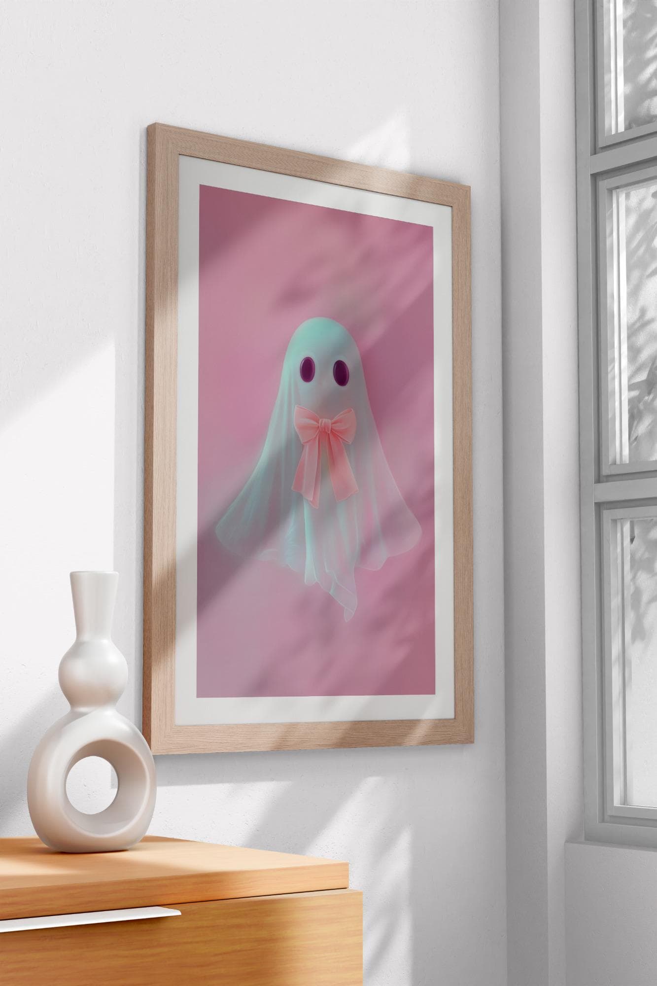 Pink Ghost Wall Art Print Pink Bow Ghost Printable Cute Ghost Painting Coquette Aesthetic Halloween Decor Preppy Trendy Girly Digital Art - view 3