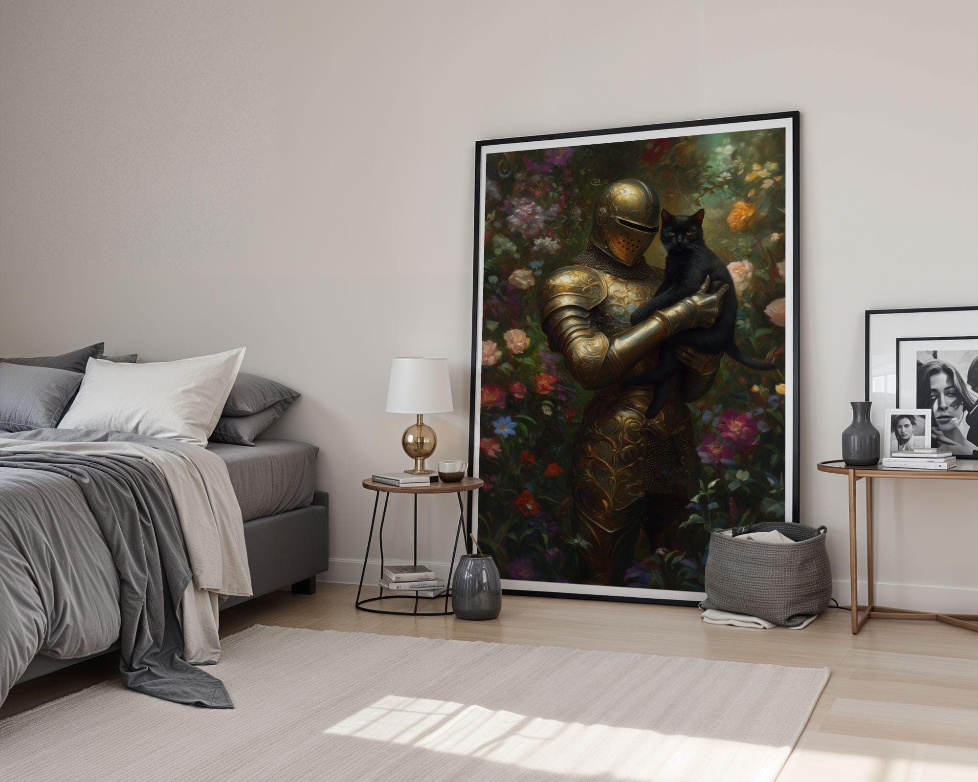 Medieval Knight and Black Cat Painting, Medieval Fantasy Painting, Fantasy Art, Whimsical Cat Decor, Digital, Maximalist, Floral Art Decor - view 6