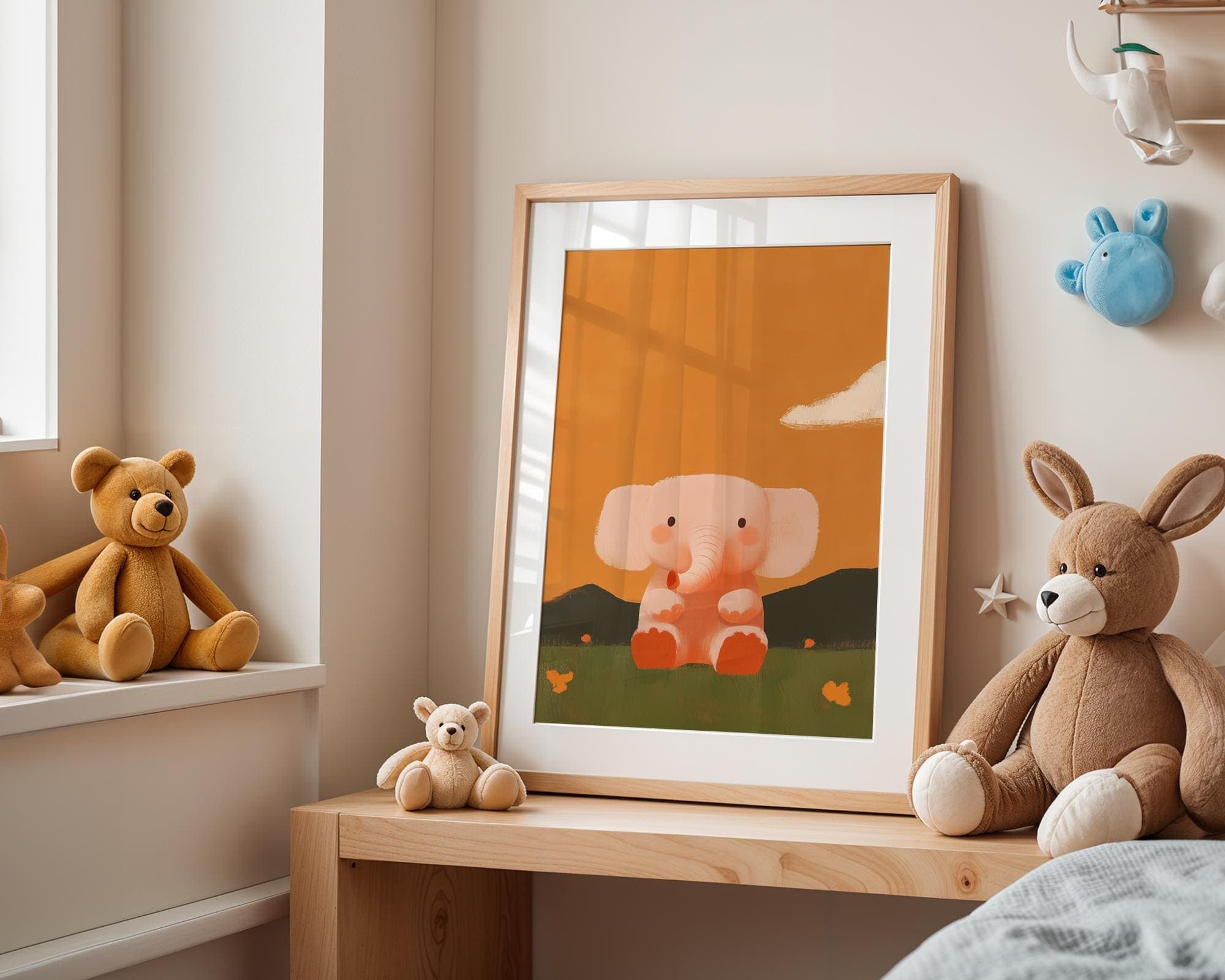 Cute Elephant Baby Room Decor, Elephant Nursery Print, Baby Shower Gift Idea, Orange Elephant Illustration, Nurserywall Art, Orange Nursery - view 2