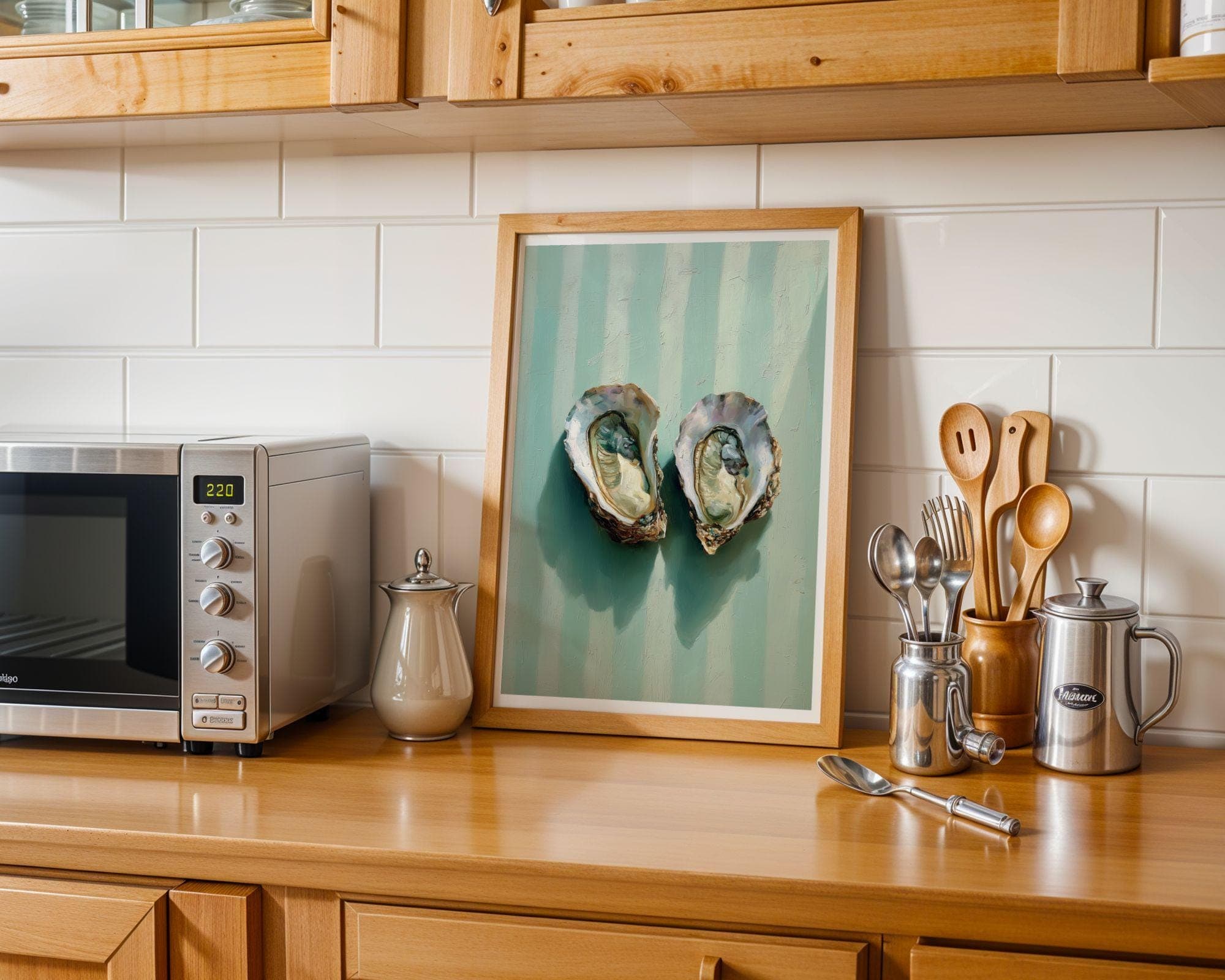 Oyster Shell Wall Art Print, Coastal Bathroom Decor, Mint Stripe Beach House Wall Art, Double Oyster Painting, Preppy Coastal Decor - view 4