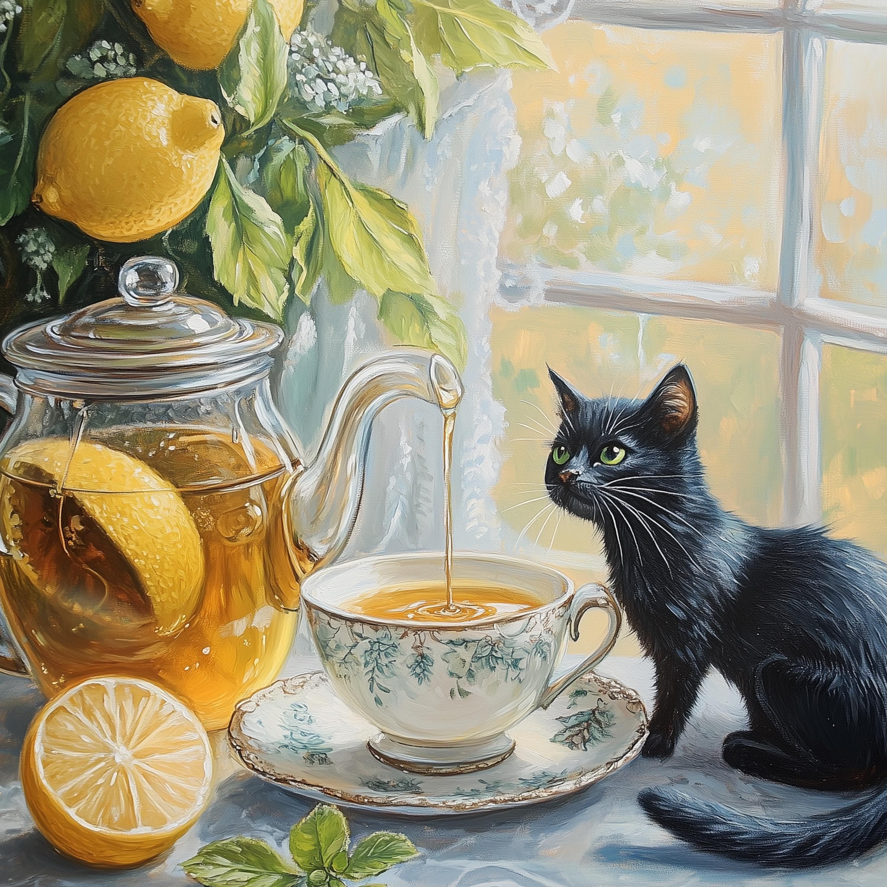 Black cat and lemon still life painting, Whimsical still life painting, Cozy kitchen art, Kitchen wall print, Vintage teacup painting - view 2