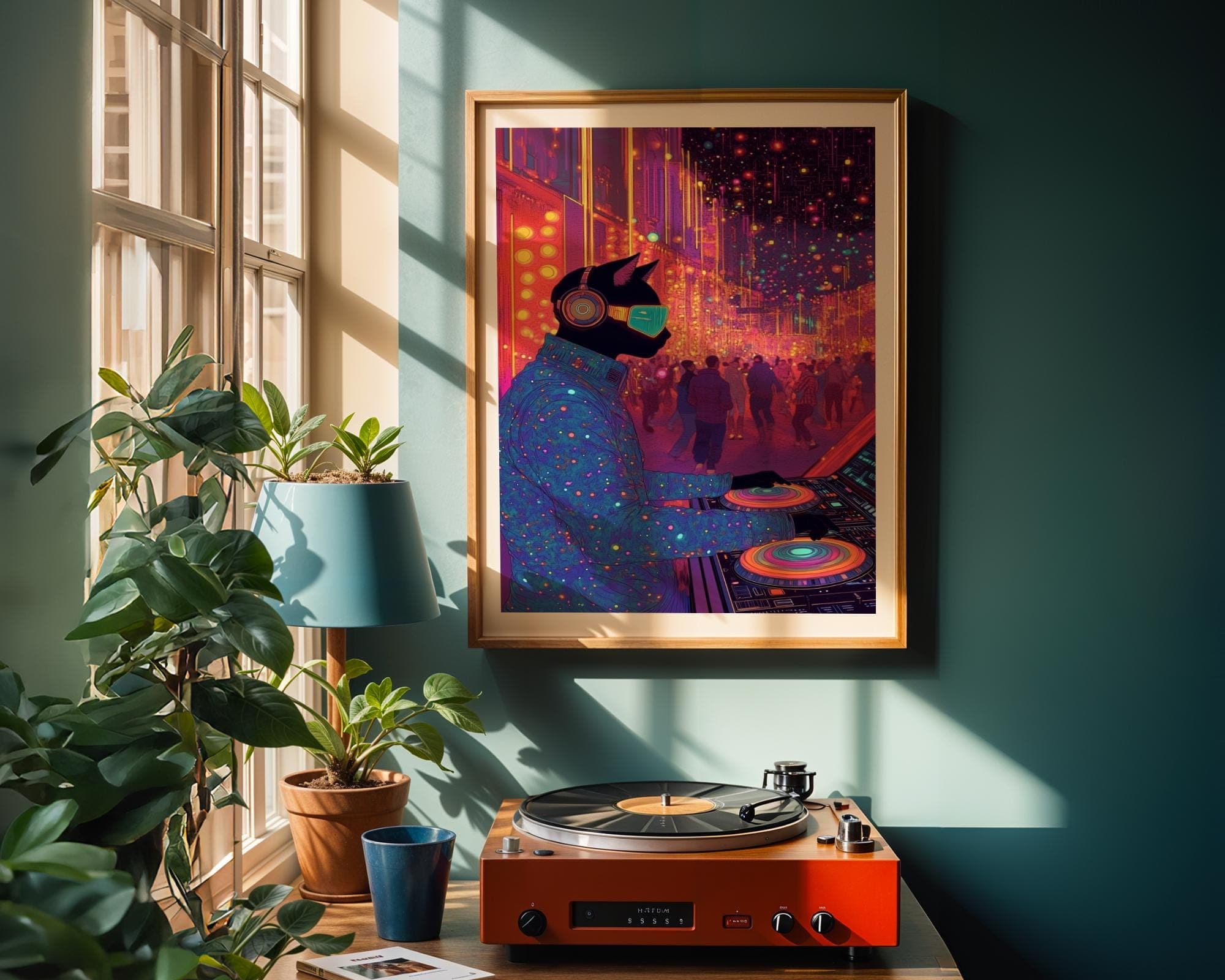 Cyberpunk Cat DJ Wall Art, Neon Futuristic Music Print for Gaming Rooms, Digital Download, Furry DJ Cat Art, Techno Cat DJ Poster, Cat Art - view 4