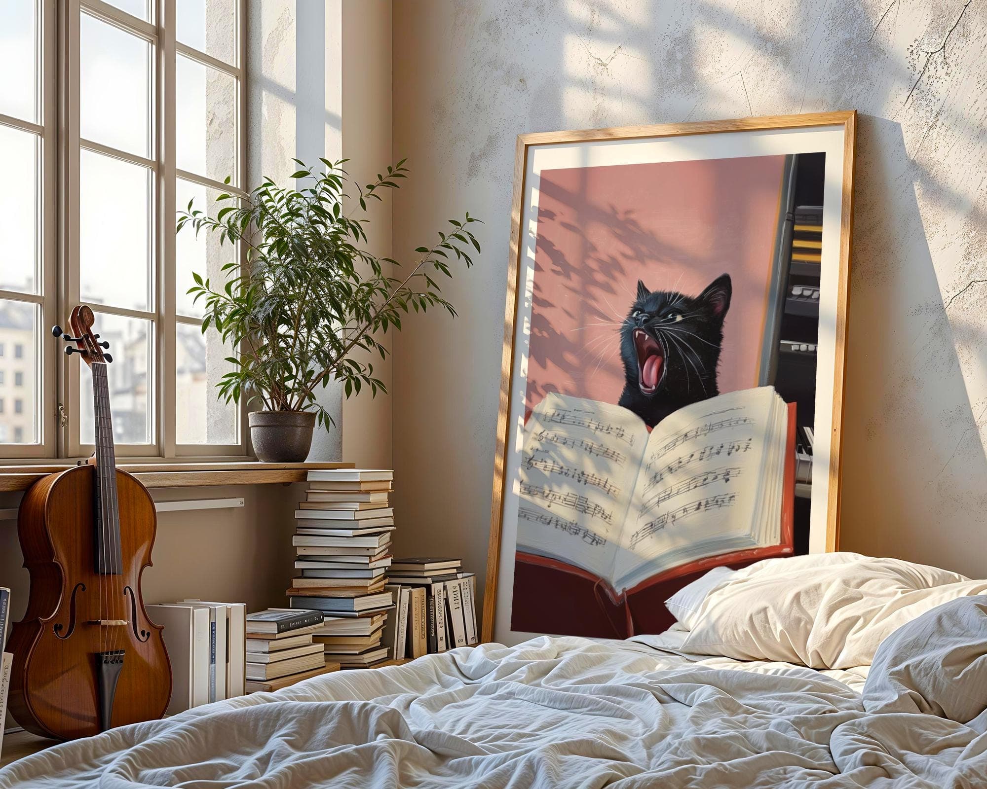 Singing Black Cat Art, Funny Music Wall Decor, Cat Lover Gift, Music Wall Art, Music Lover Poster, Digital Download, Quirky Home Decor - view 3