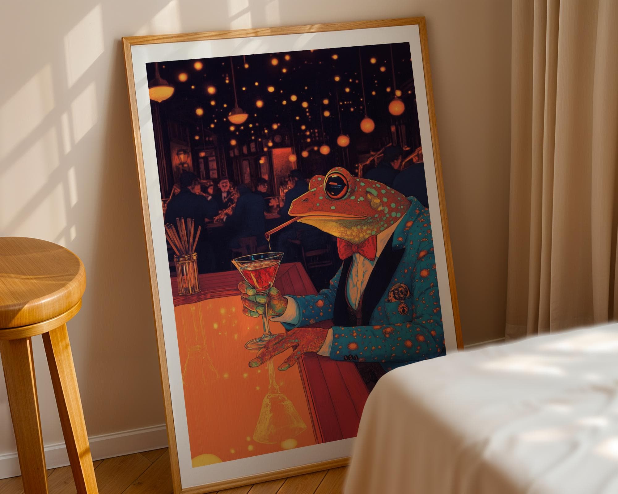 Frog in a Bar Art Print, Funky Animal Illustration for Eclectic Spaces, Quirky Wall Art for Home Bar and Lounge, Elegant Frog in Tuxedo - view 5