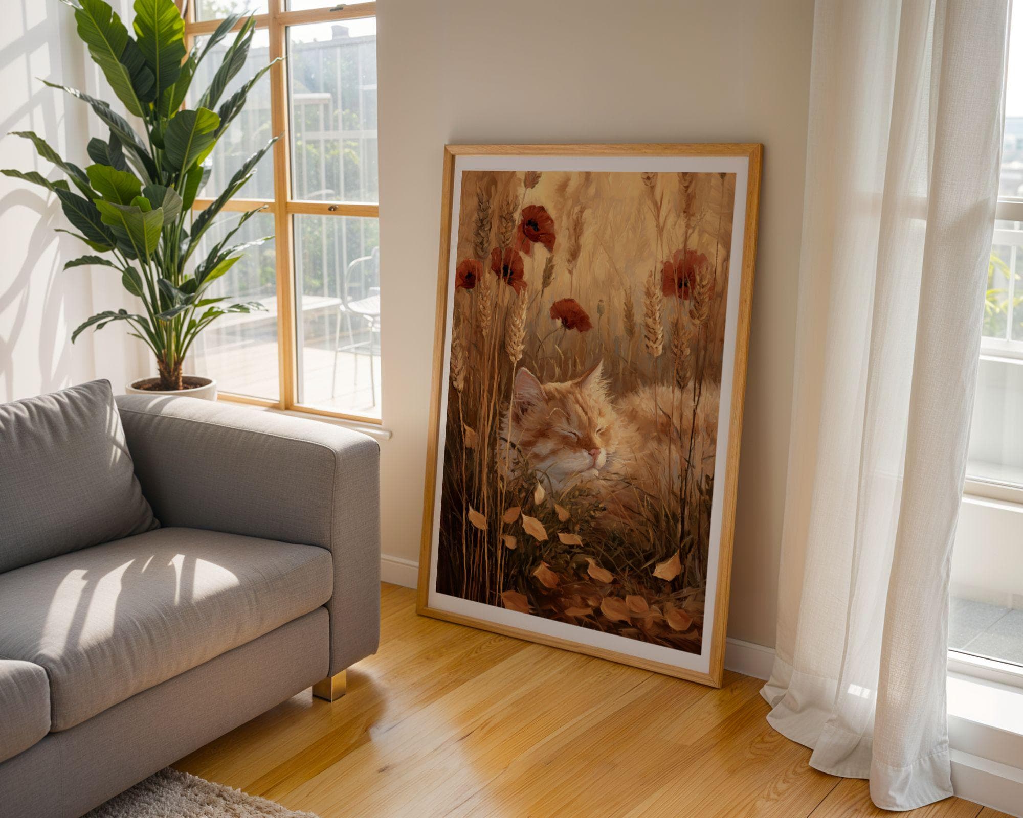 Cat Wall Art Print | Ginger Cat in Poppy Field, Cottagecore Cat Poster | Sleeping Tabby in Wheat, Nature Cat Poster, Tabby Cat in Wildflower - view 4