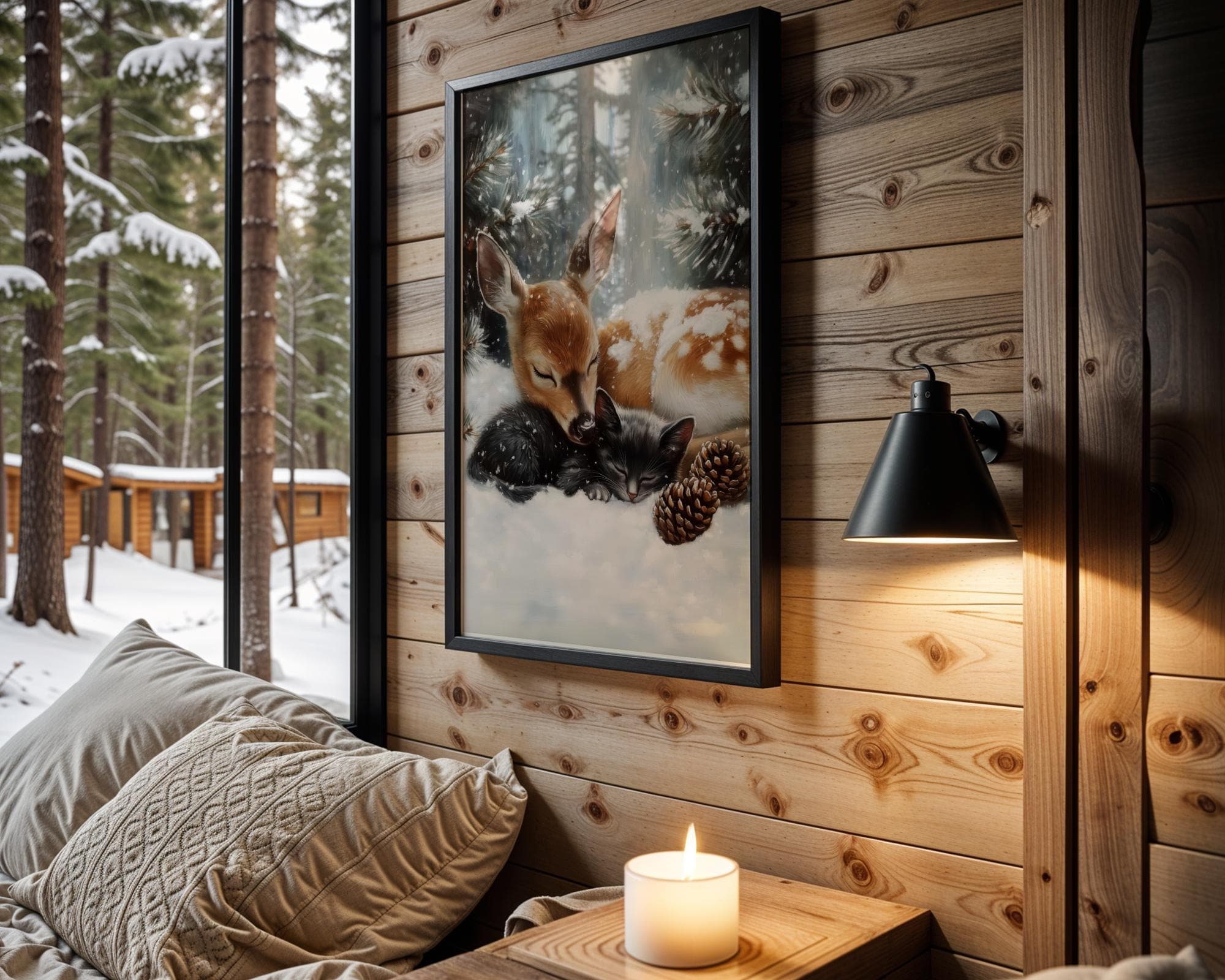 Fawn and Black Cat Christmas Poster, Baby Deer and Kitten Xmas Cat Wall Art, Winter Animal Wall Decor, Farmhouse Holiday Decor, Digital Art - view 5