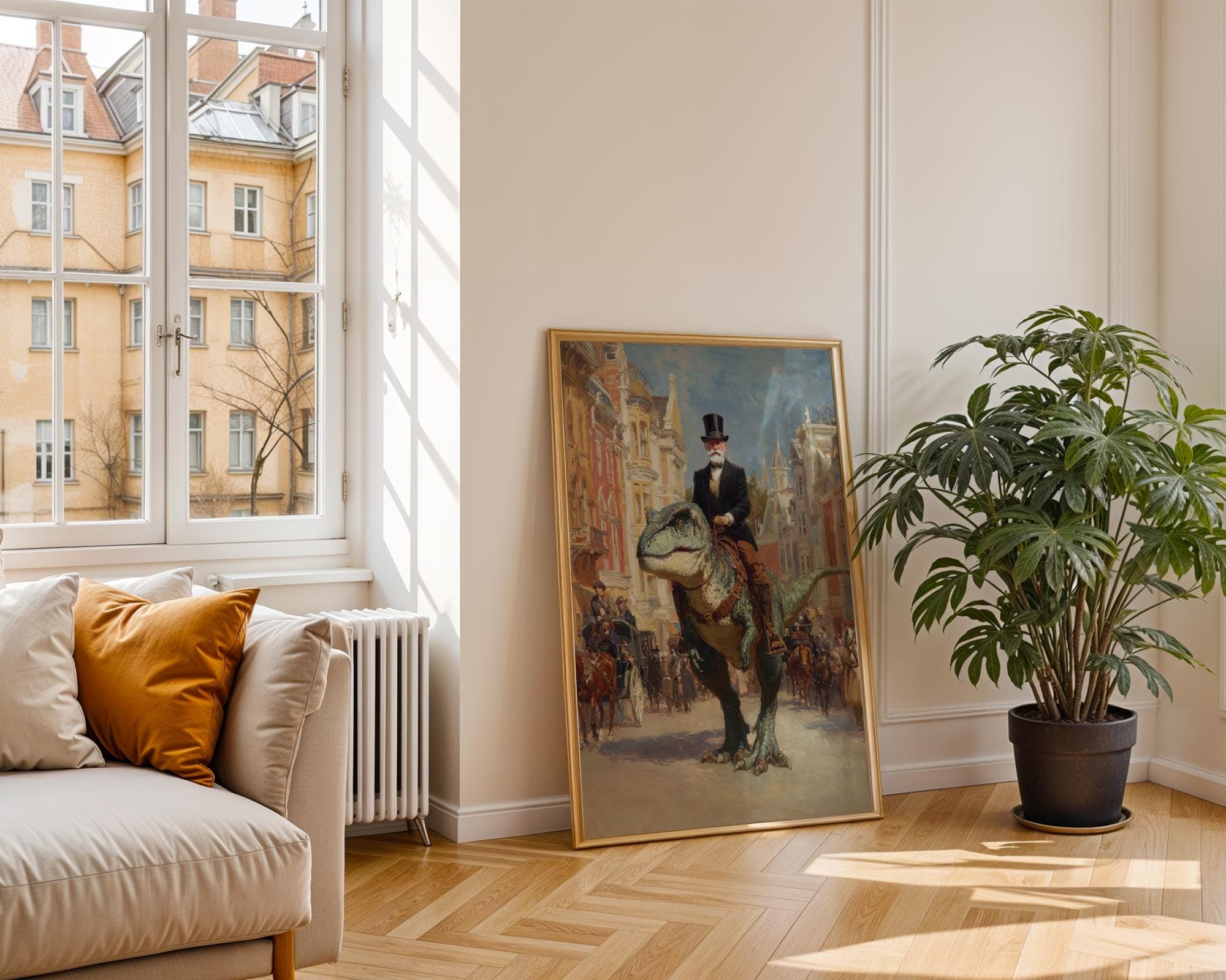 Victorian Gentleman Riding Dinosaur Wall Art, Historical Surrealism Home Decor, Funny Vintage Printable Art, Surrealist Digital Art - view 4