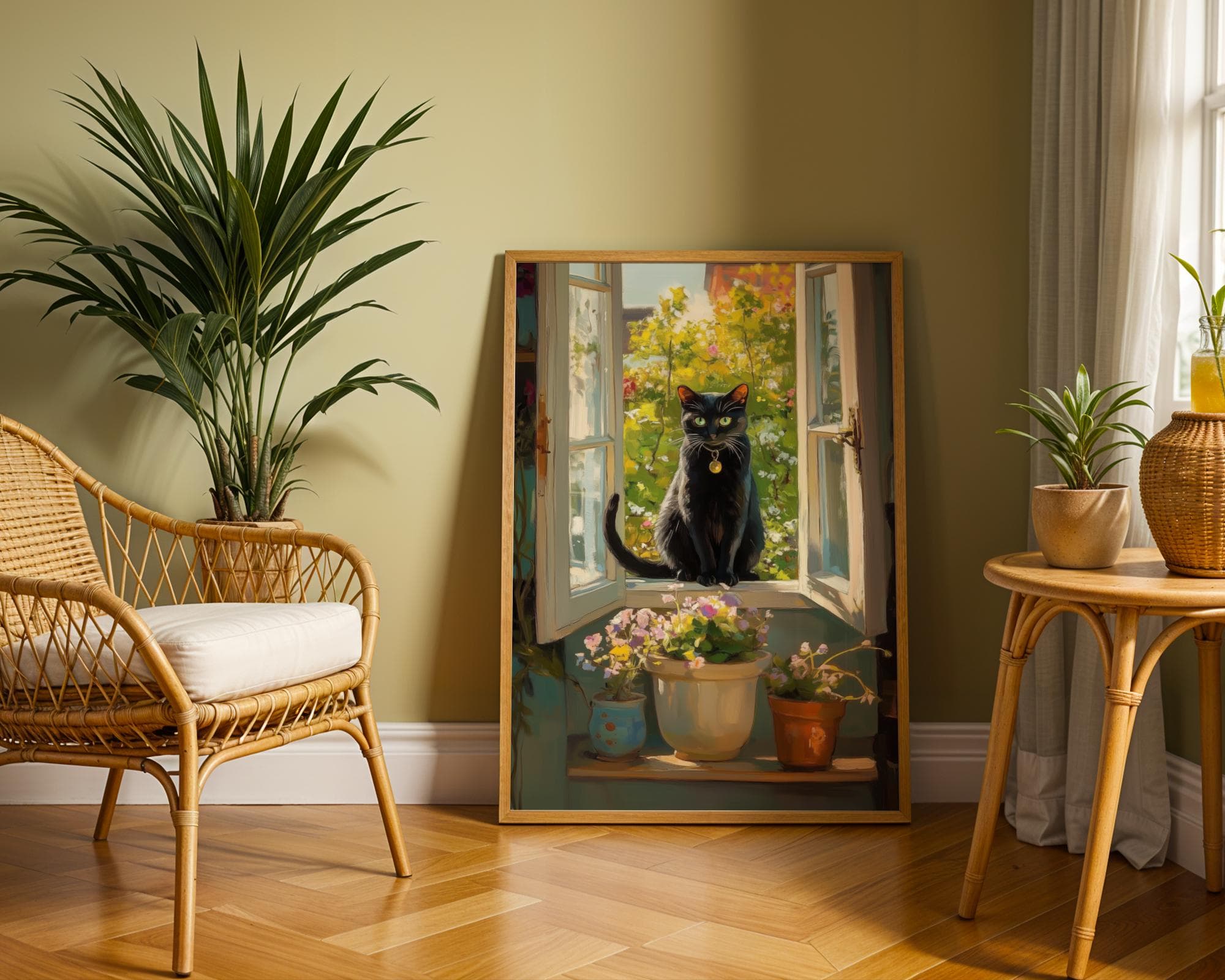 Black Cat and Flowers Poster, Cottagecore Window Art, Black Cat Oil Painting, Quirky Cat Poster, Black Cat on Window Print Funny Poster - view 2