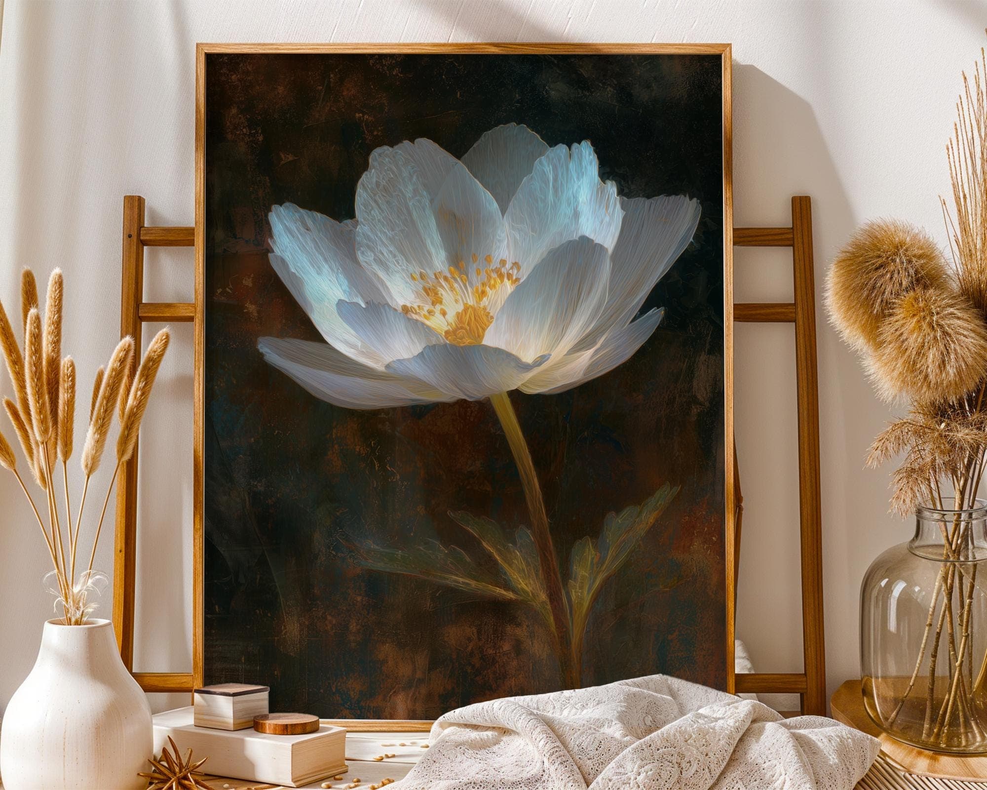 White Wildflower Wall Art Botanical Painting Print on Dark Rustic Background, Moody Floral Painting, White Flower Wall Art, Botanical Print - view 3