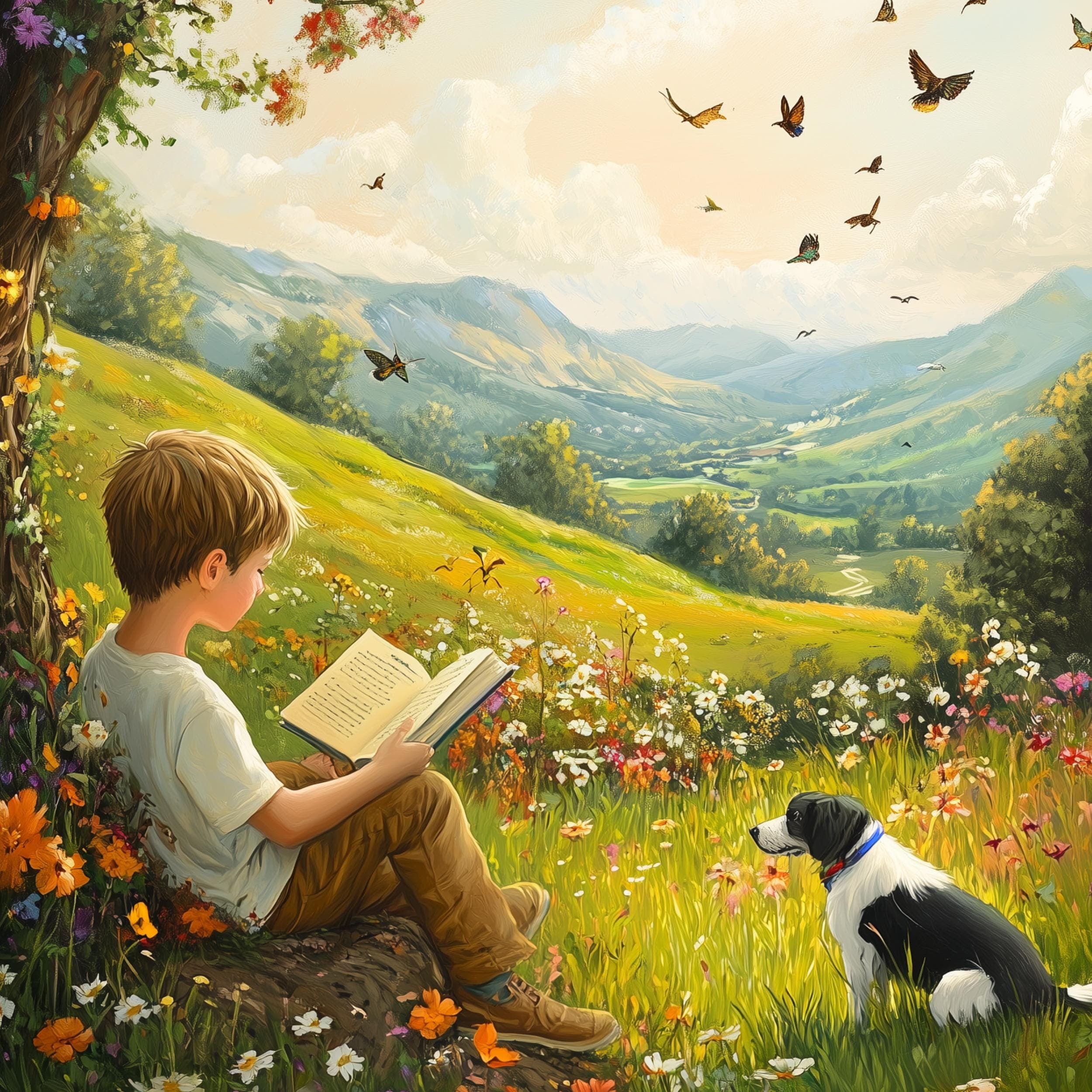 Fairytale Nature Art, Colorful Nature Landscape Art, Child and Dog Under Tree in Flower Meadow, Fantasy Landscape Art Print Digital Download - view 2