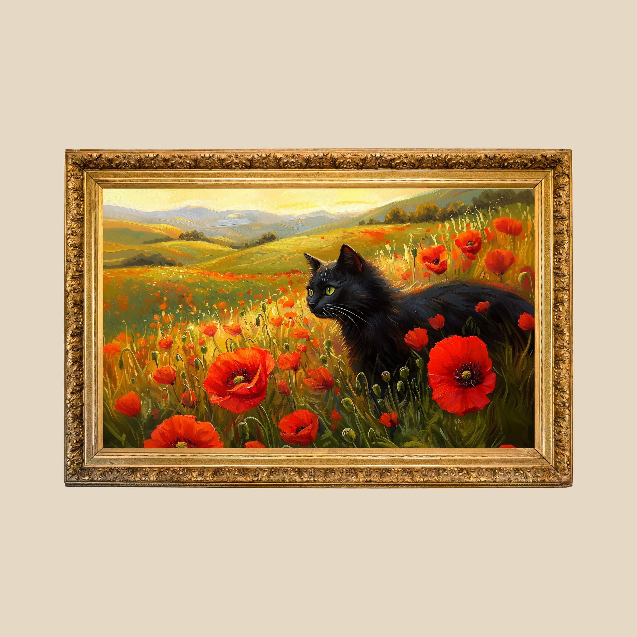 Black Cat Floral Art, Vintage Black Cat Printable Wall Art, Colorful Animal Landscape Wall Art, Unframed, Digital Wall Art, Black Cat Poster - view 2