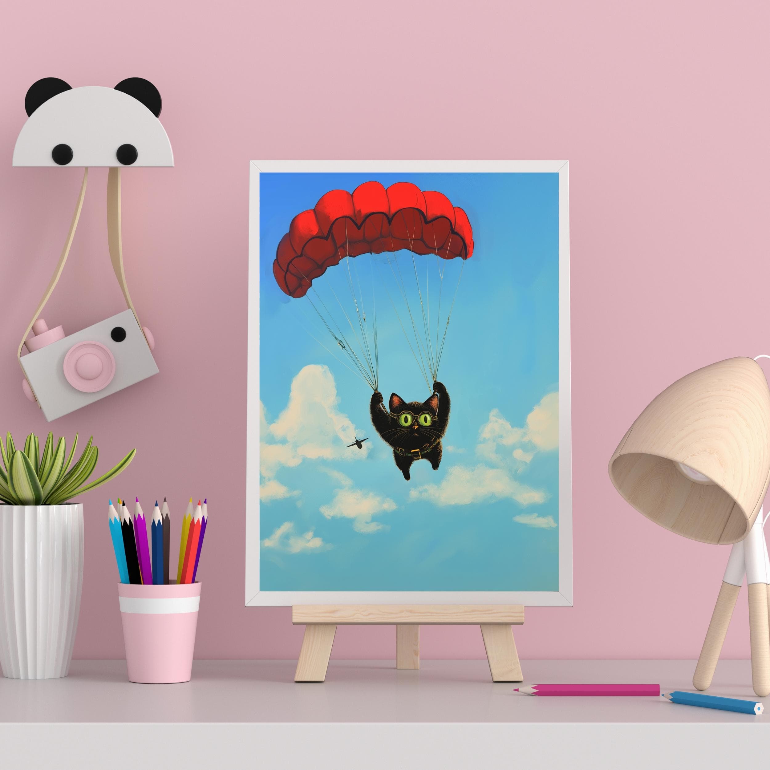 Black Cat Parachuting Art Print, Whimsical Black Cat Decor, Matisse Style, Digital Art Print, Colorful Black Cat Art, Oil Painting Black Cat - view 4