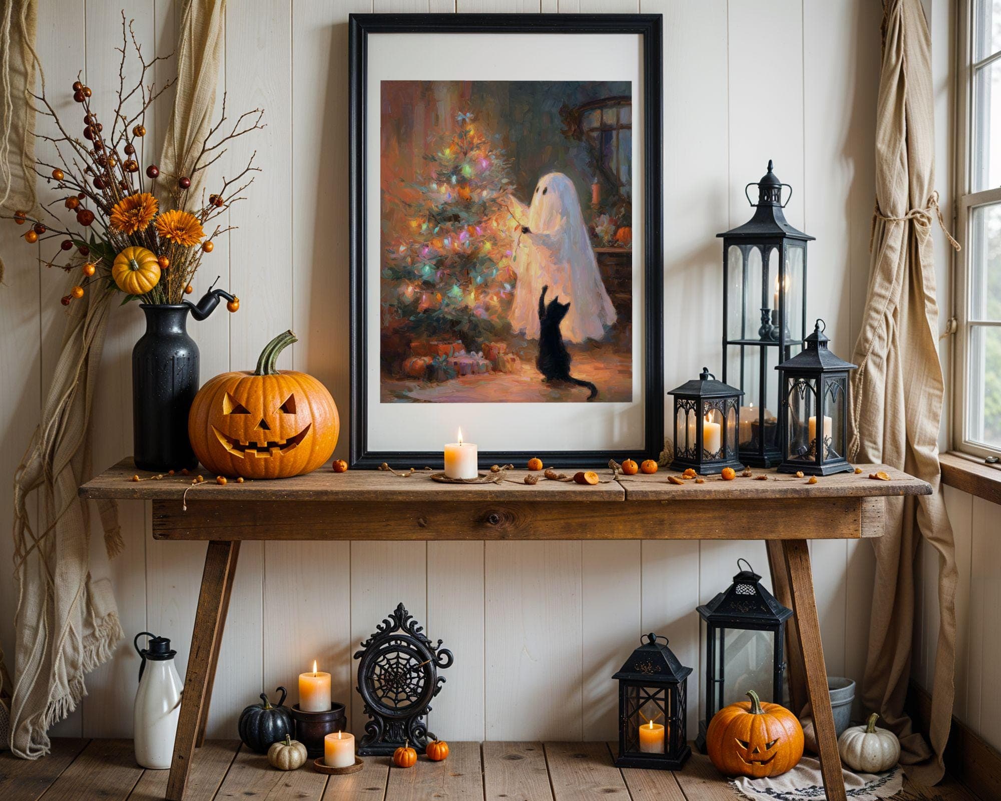 Ghost and Black Cat Christmas, Whimsical Black Cat Art, Funny Black Cat Poster, Whimsical Ghost Christmas Art, Vintage Ghost Christmas - view 6
