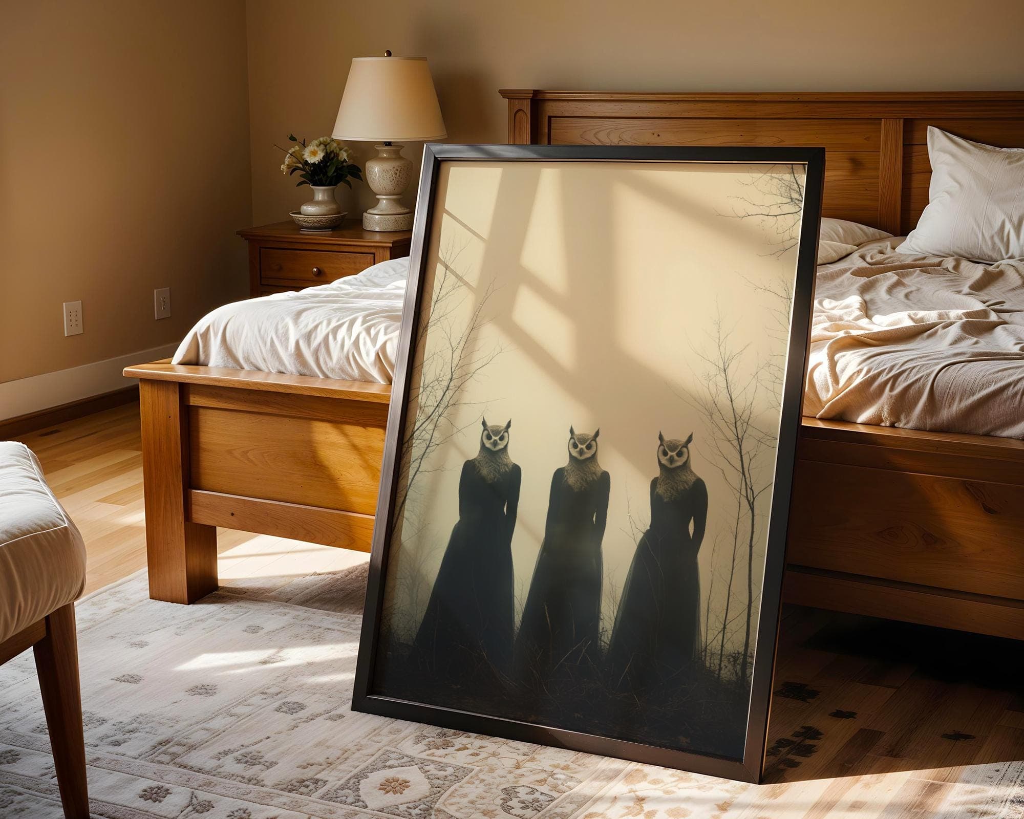 Surreal Gothic Owl Women Wall Art β Creepy Forest Print for Witchy Dark Academia Decor, Moody Sepia Surreal Print, Whimsical Gothic Decor - view 2
