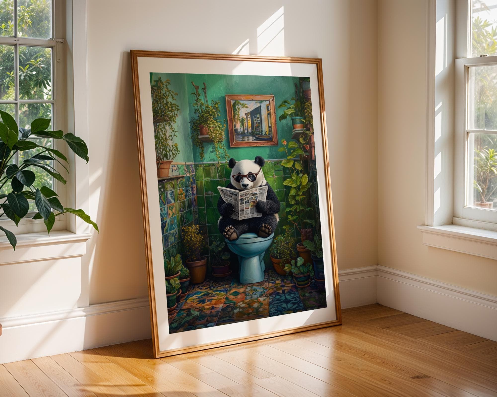 Funny Panda Bathroom Wall Art, Quirky Green Aesthetic Decor, Panda on Toilet Funny Art Print, Digital Download, Eclectic Bathroom Decor - view 2