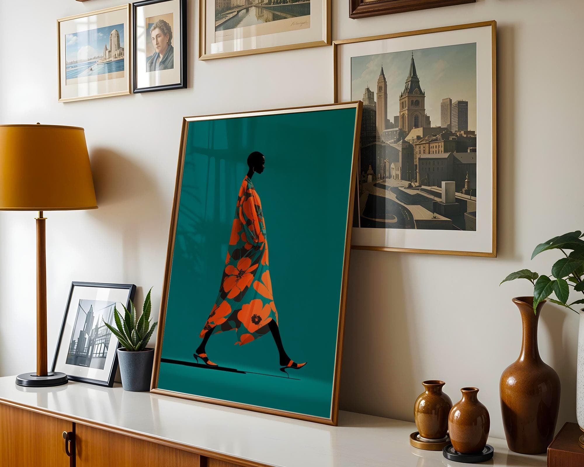Modern African Woman Wall Art | Bold Floral Dress Illustration | Contemporary Fashion Print, Afrocentric Fashion Wall Art, Modern Boho Print - view 3