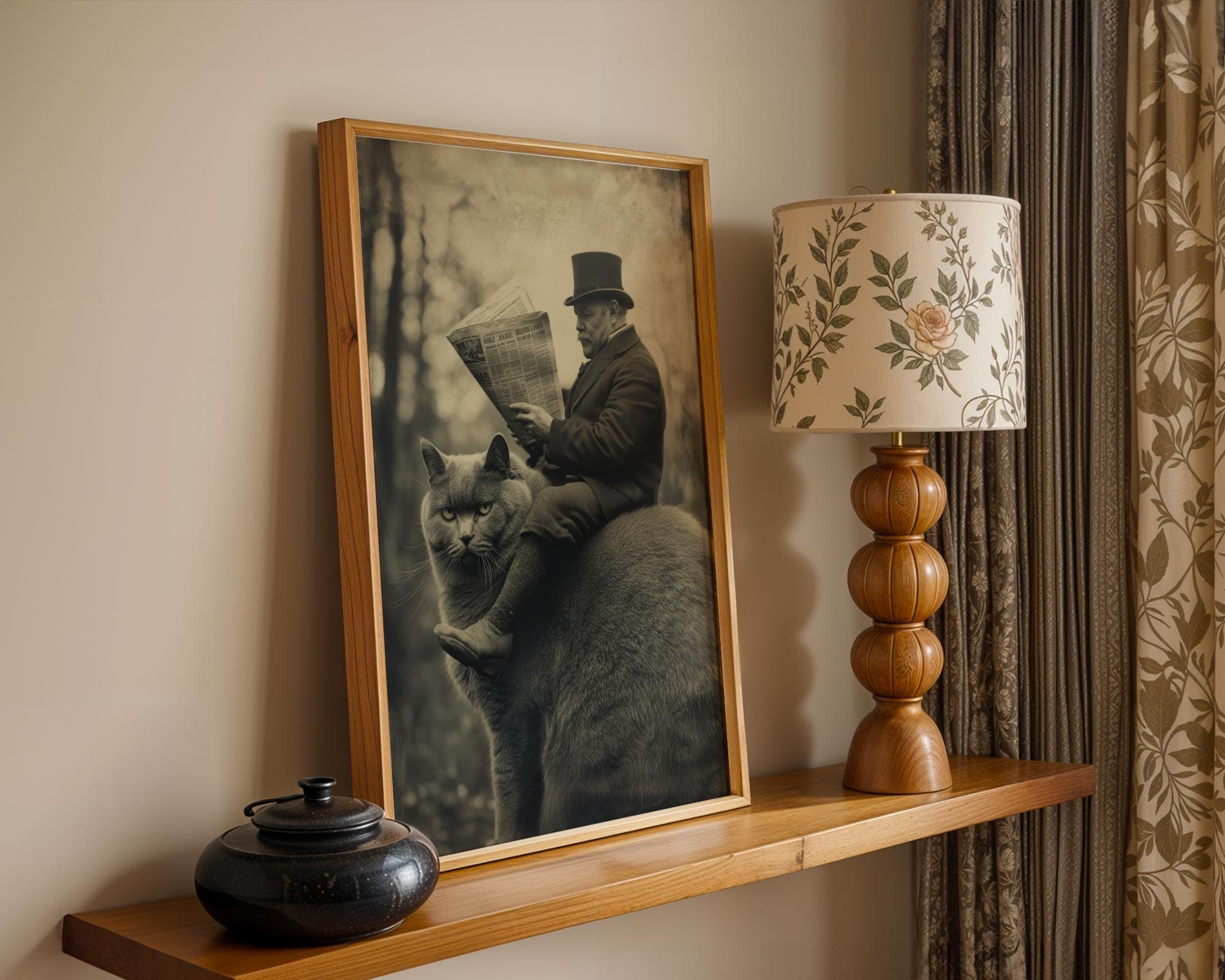 Vintage Cat Wall Art Funny Victorian Man Riding Fat Cat Reading Newspaper, Quirky Vintage Decor, Whimsical Animal Art, Dark Academia Decor - view 6
