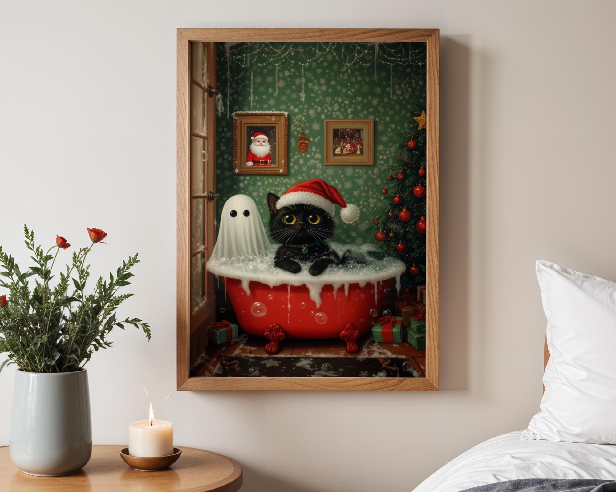Ghost and Cat Christmas Bubblebath Poster, Spooky Cute Ghost Xmas Bath Art, Black Cat Print, Whimsigoth Holiday Decor, UNFRAMED, Cat Poster - view 6