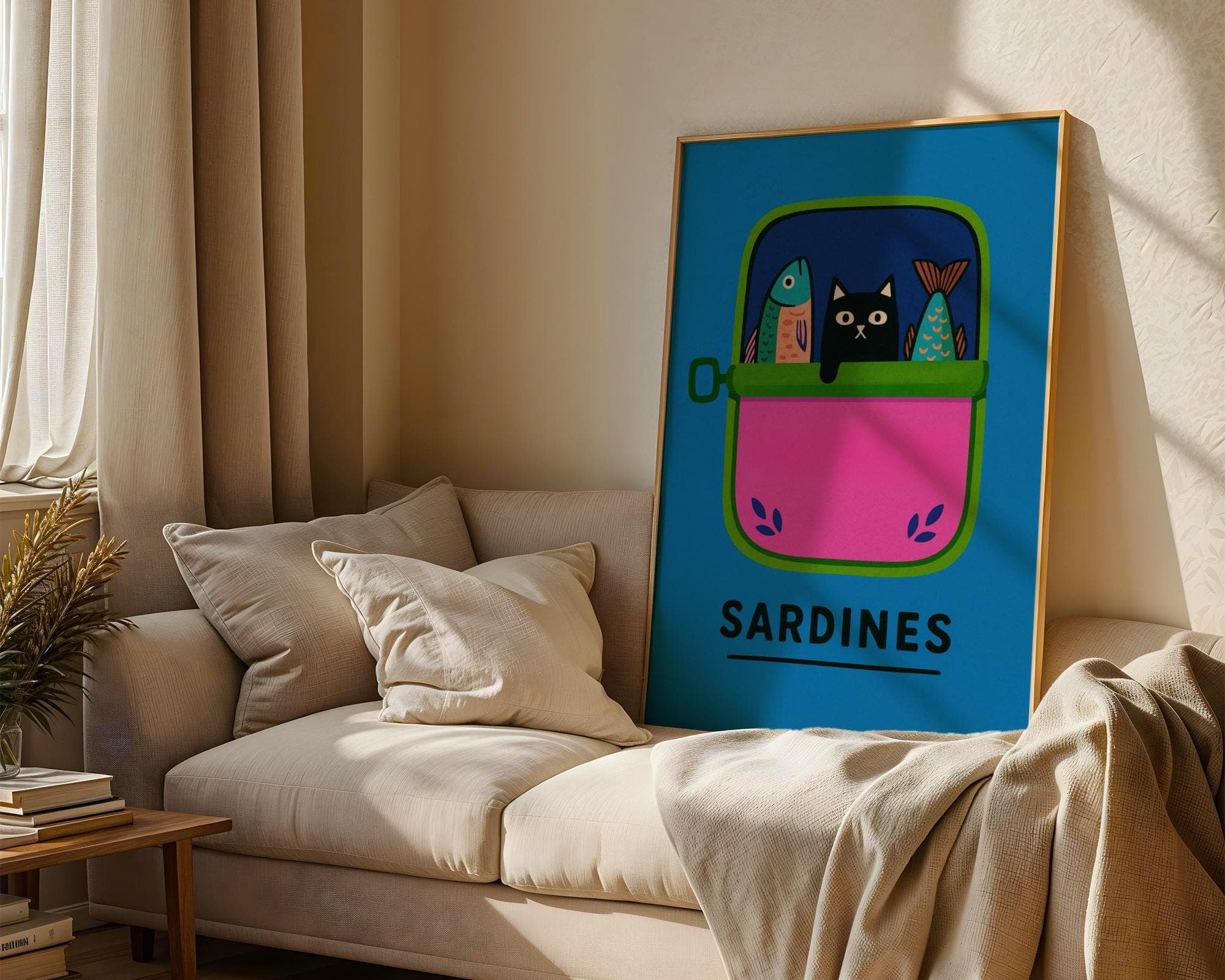 Funny Black Cat Wall Art, Black Cat in Sardine Tin with Colorful Fish, Funny Kitchen Wall Art, Sardine Tin Wall Art, Retro Pop Art Print - view 4