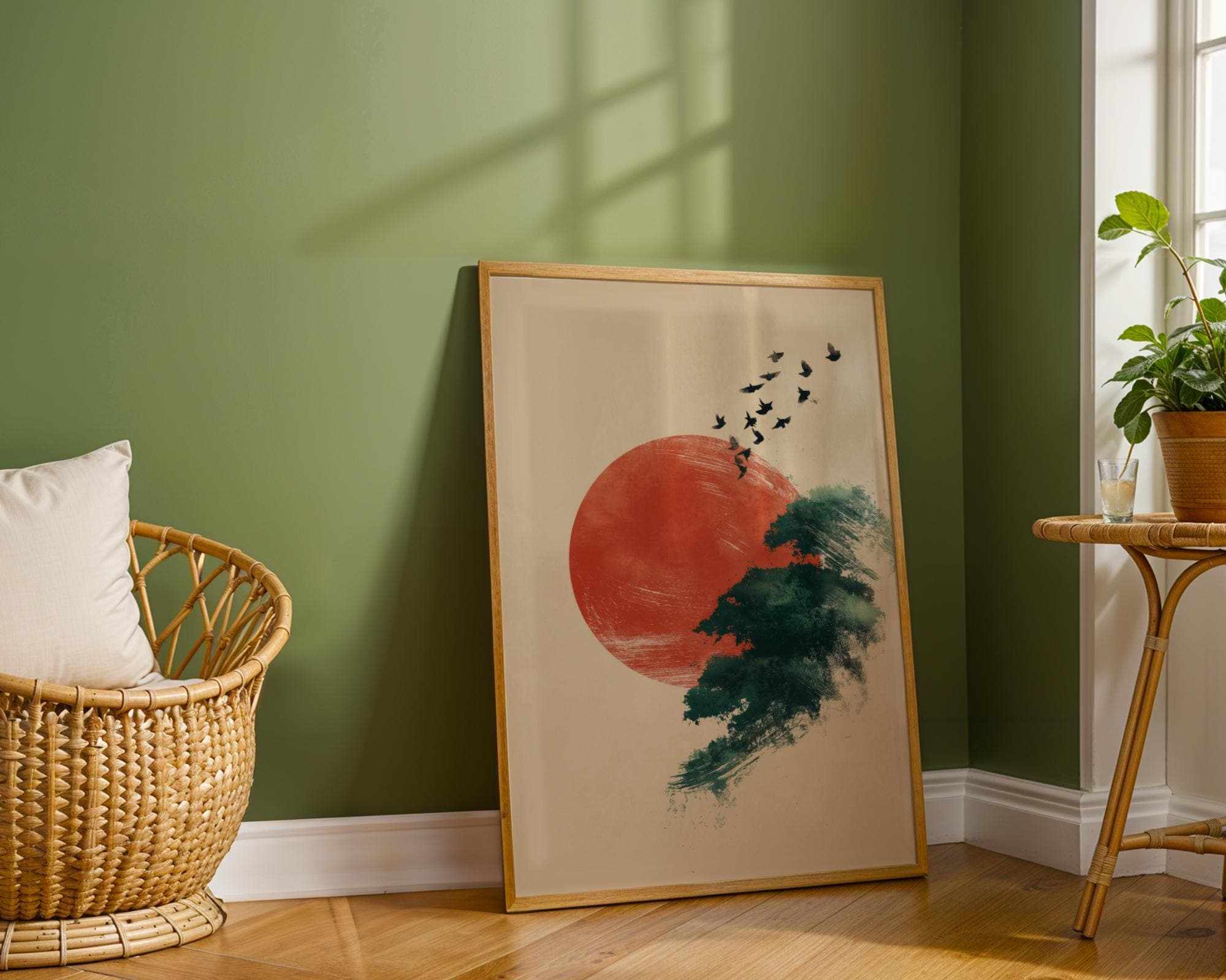 Japandi Minimalist Wall Art | Red Sun and Flying Birds Print | Zen Nature Landscape Painting for Modern Home Decor, Modern Oriental Art - view 6