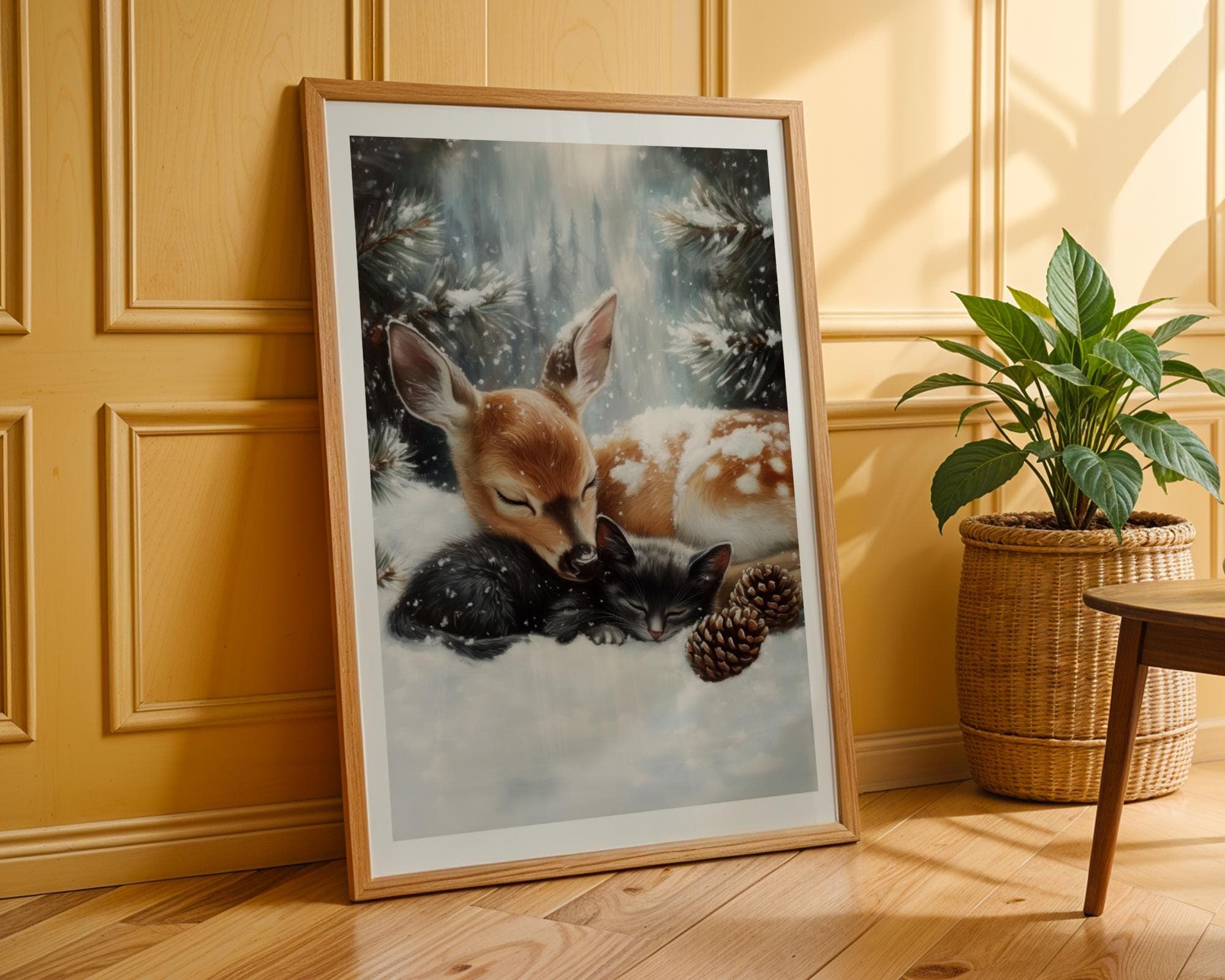Fawn and Black Cat Christmas Poster, Baby Deer and Kitten Xmas Cat Wall Art, Winter Animal Wall Decor, Farmhouse Holiday Decor, Digital Art - view 6