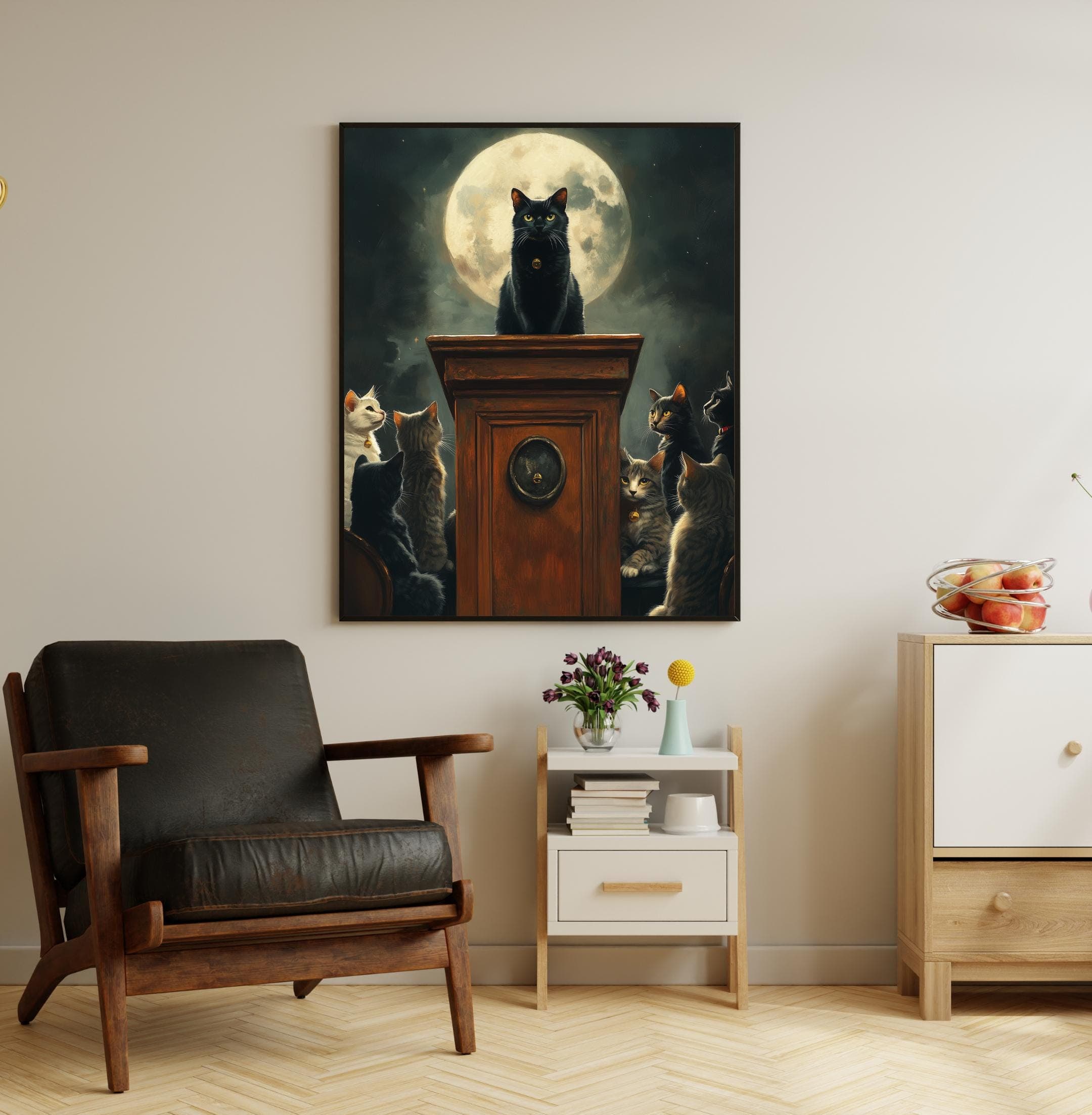 Full Moon Cat Illustration, Whimsical Cat Gathering Art, Black Cat and Moon Poster, Black Cat Leader Poster, Mysterious Black Cat Poster - view 5