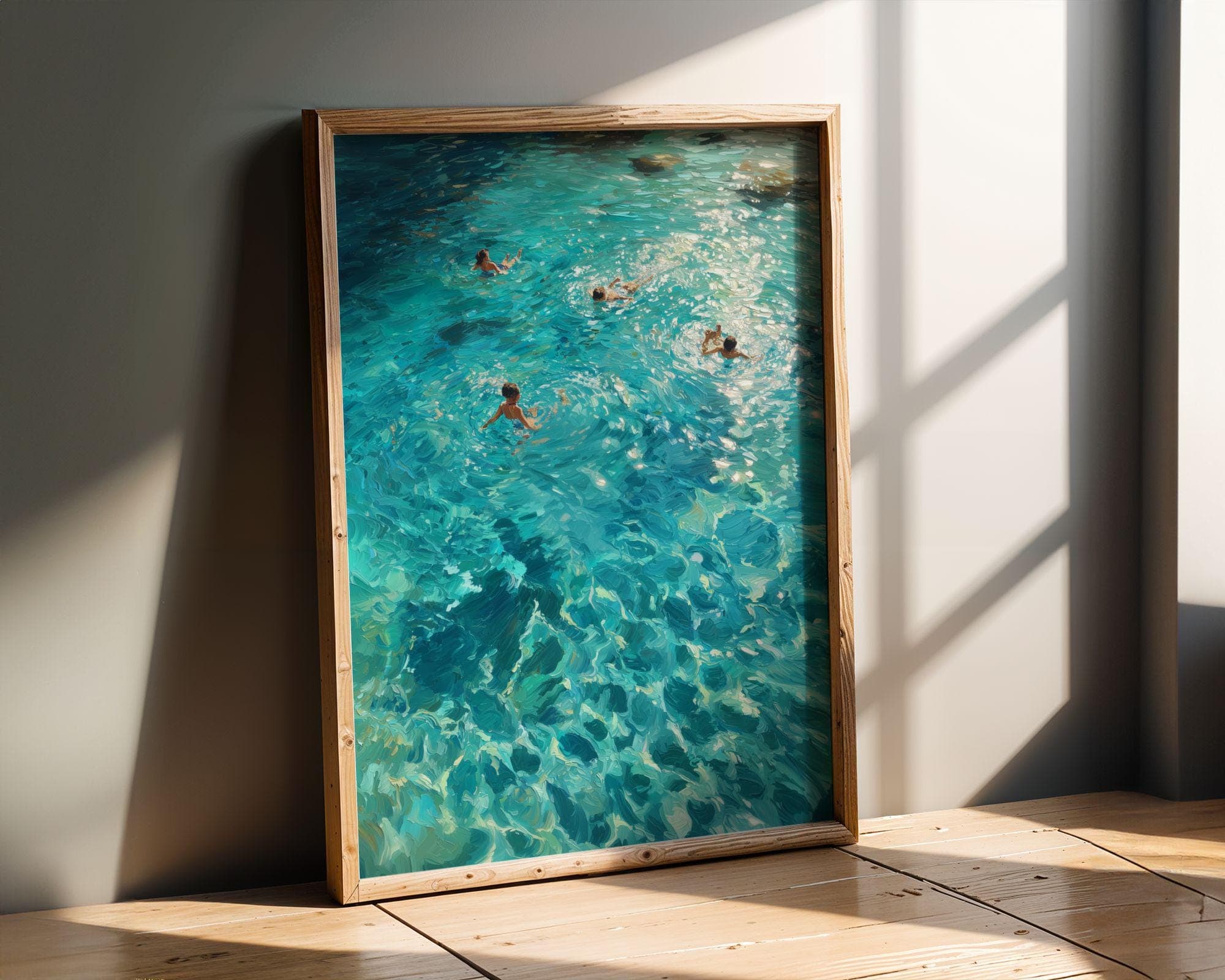 Coastal Wall Art, Turquoise Ocean Swimming Painting, Beach House Wall Decor, Turquoise Sea Wall Art, Seaside Wall Art, Ocean Swim Wall Art - view 2