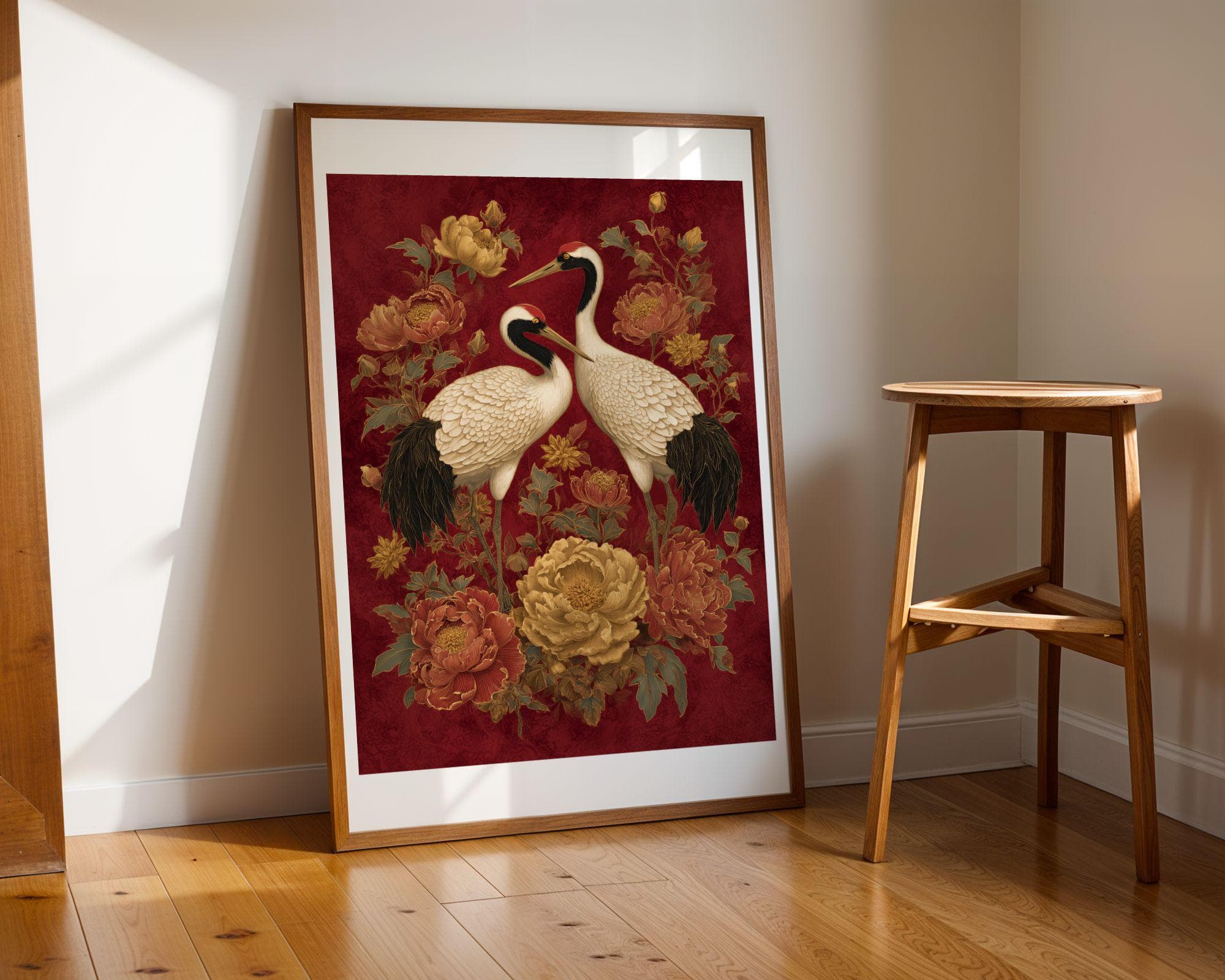 Crane Wall Art Red Gold Oriental Painting, Japanese Crane Wall Art, Red Gold Asian Bird Painting, Peony Flower Art, Oriental Decor, Japandi - view 9