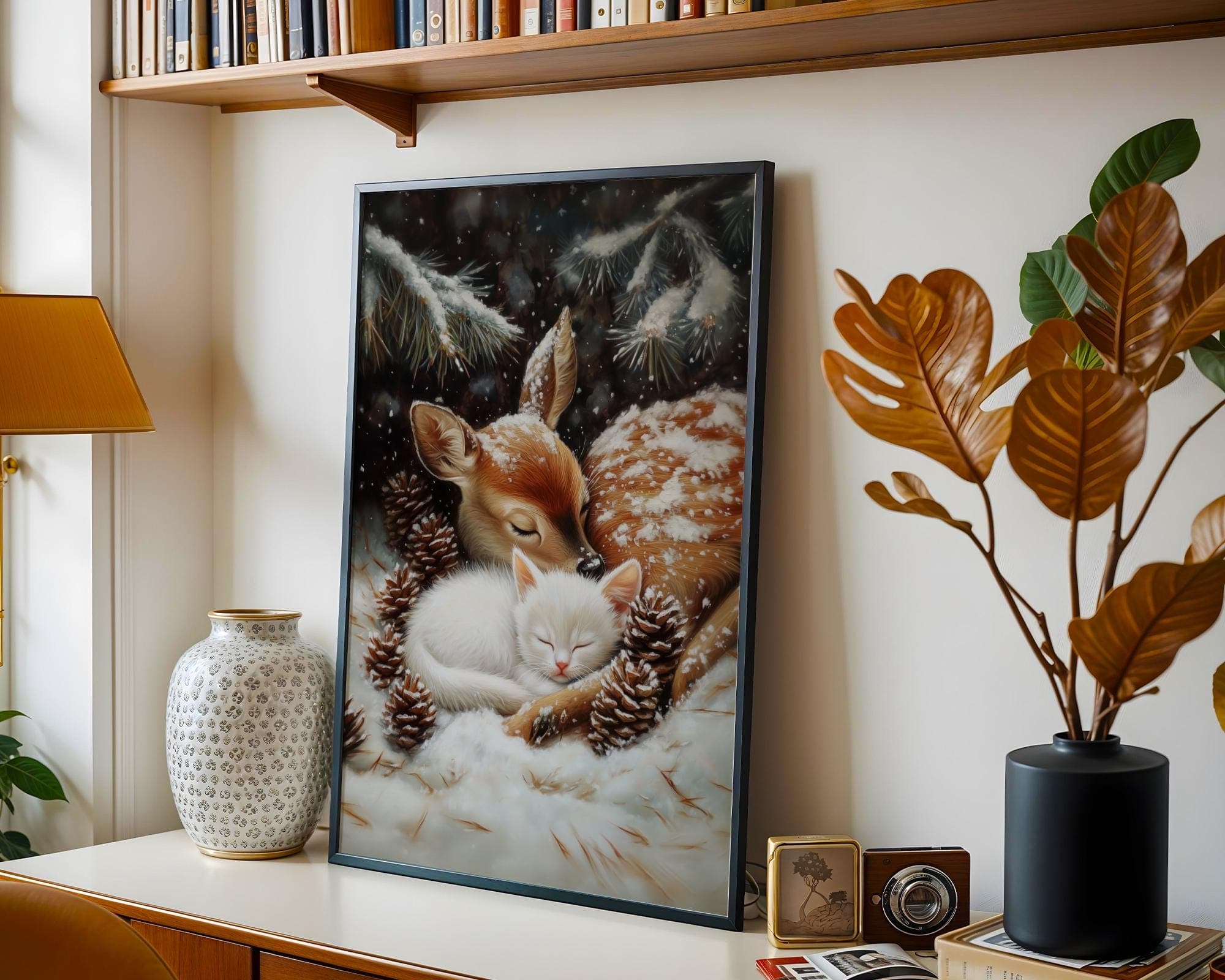 Fawn and White Cat Christmas Poster, Baby Deer and Kitten Xmas Cat Wall Art, Winter Animal Wall Decor, Farmhouse Holiday Decor, Digital Art - view 3