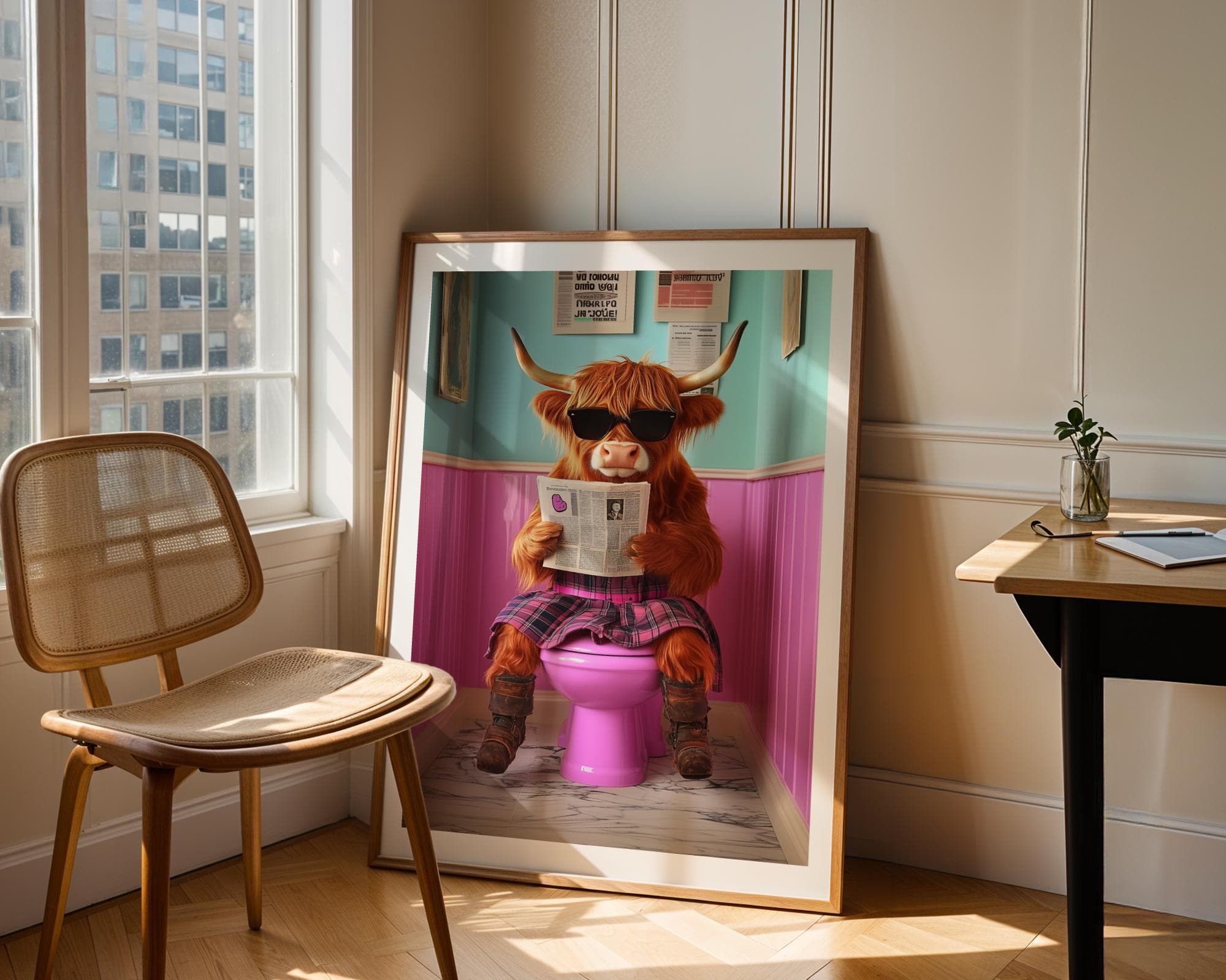 Cute Highland Cow Sitting on Toilet, Quirky Pink Toilet Decor, Pink Bathroom Aesthetic Print, Quirky Toilet Poster, Funny animal on toilet - view 5