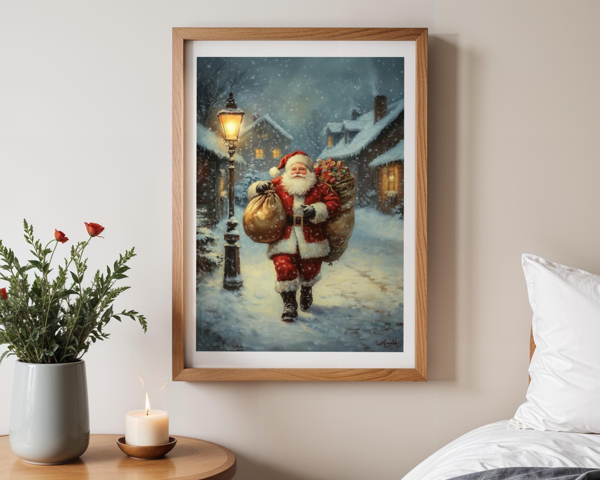 Santa Claus Wall Art, Vintage Christmas Santa Claus Canvas, Digital Download, Holiday Wall Art, Cozy Snow Wall Art, Classic Santa Painting - view 7