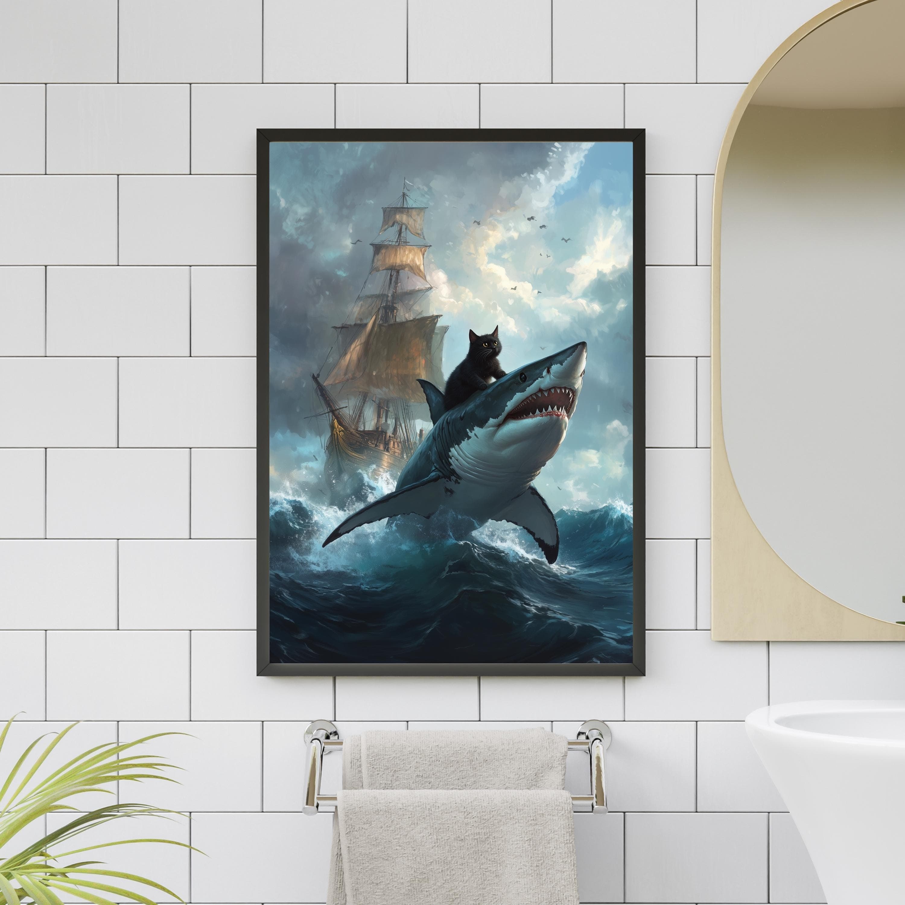 Black Cat in a Sea Ride the Shark Wall Art, Funny Black Cat Wall Decor, Maximalist Cat Wall Art, Black Cat Digital Wall Art, Black Cat Decor - view 4