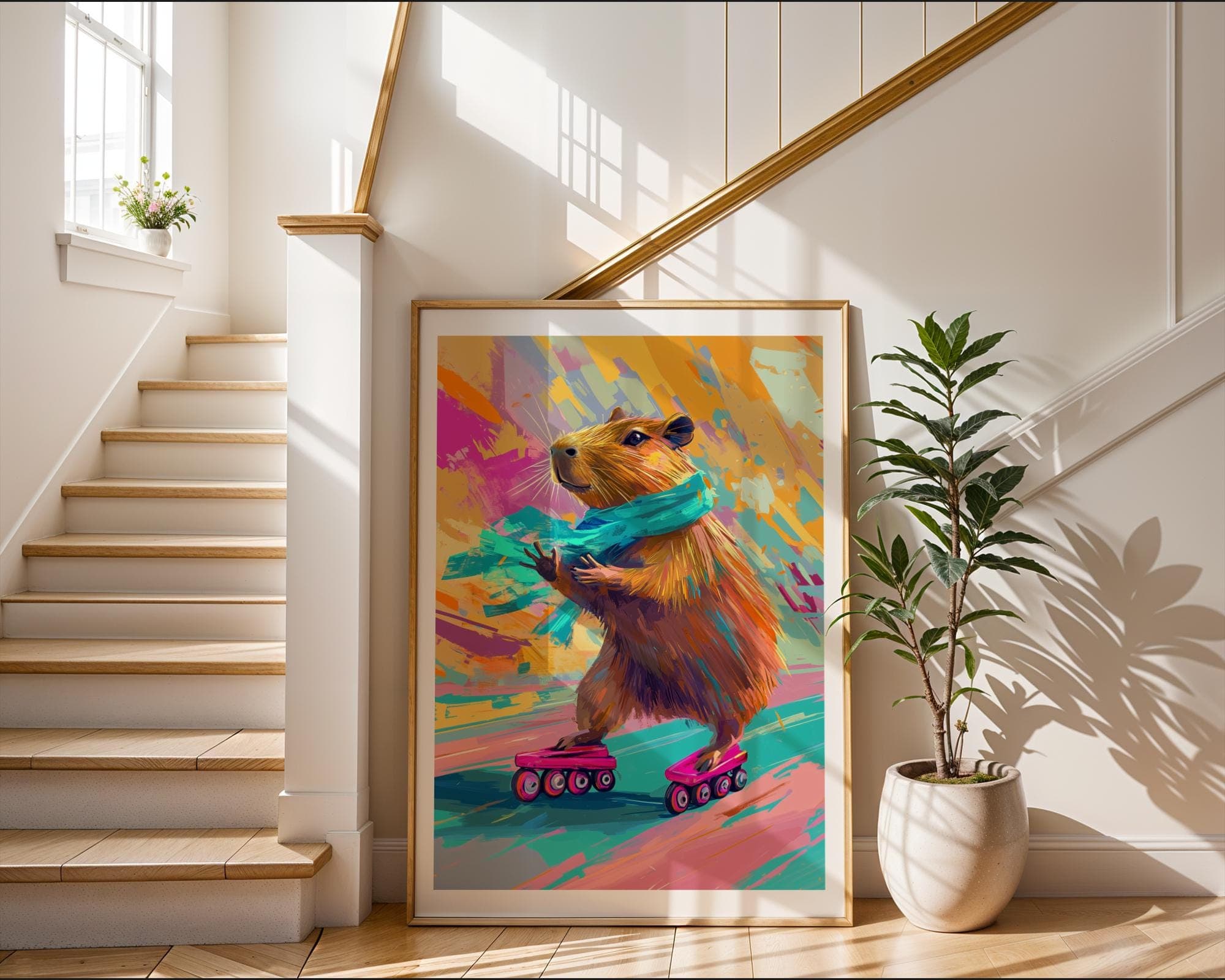 Colorful Capybara Roller Skating Wall Art, Quirky Animal Poster, Digital Download, Capybara Skater Painting, Funky Roller Skating Poster - view 3