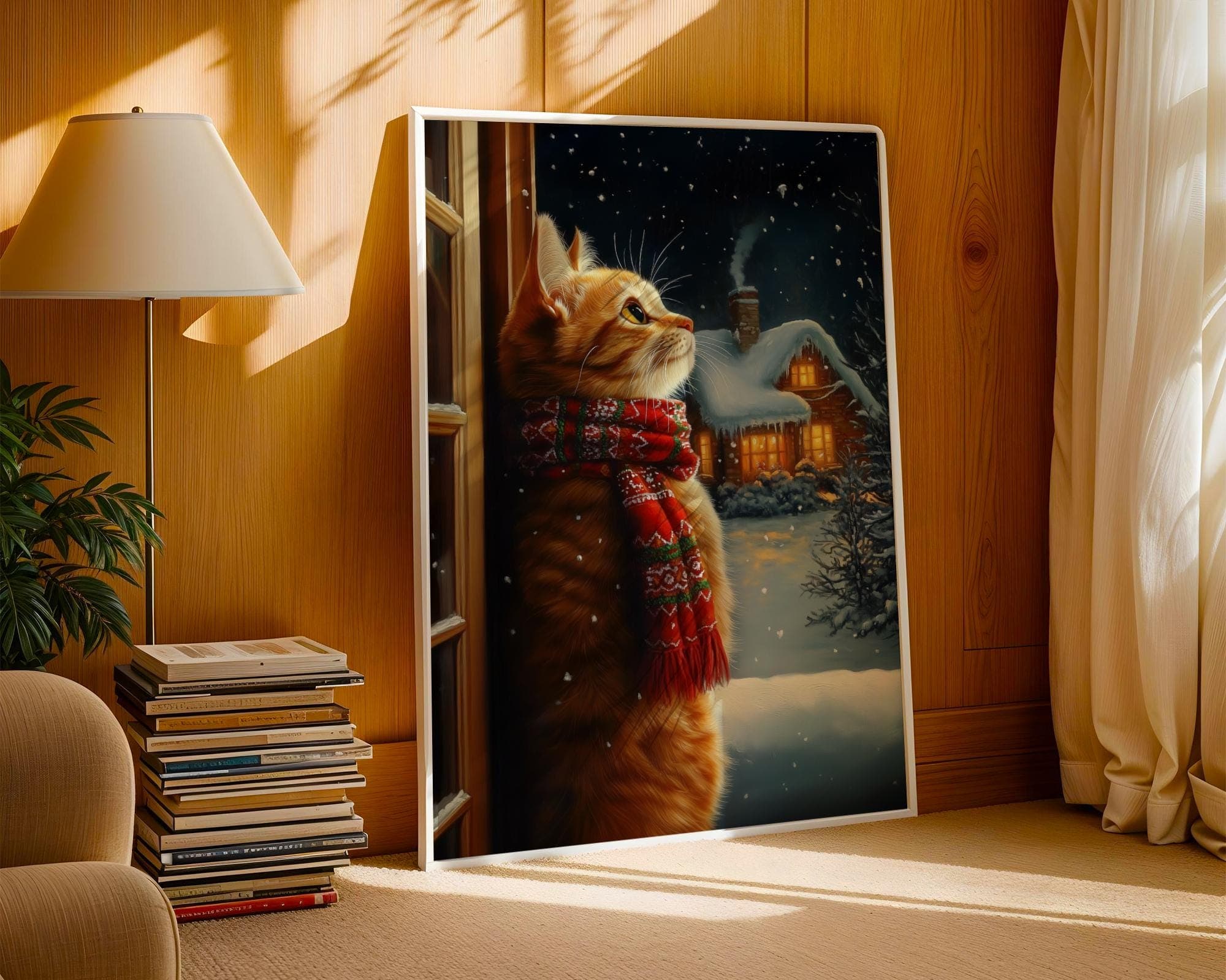 Orange Cat in Scarf Art, Holiday Wall Decor, Festive Cat Wall Art, Orange Cat Christmas Print, Winter Cat Illustration, Christmas Decor - view 3