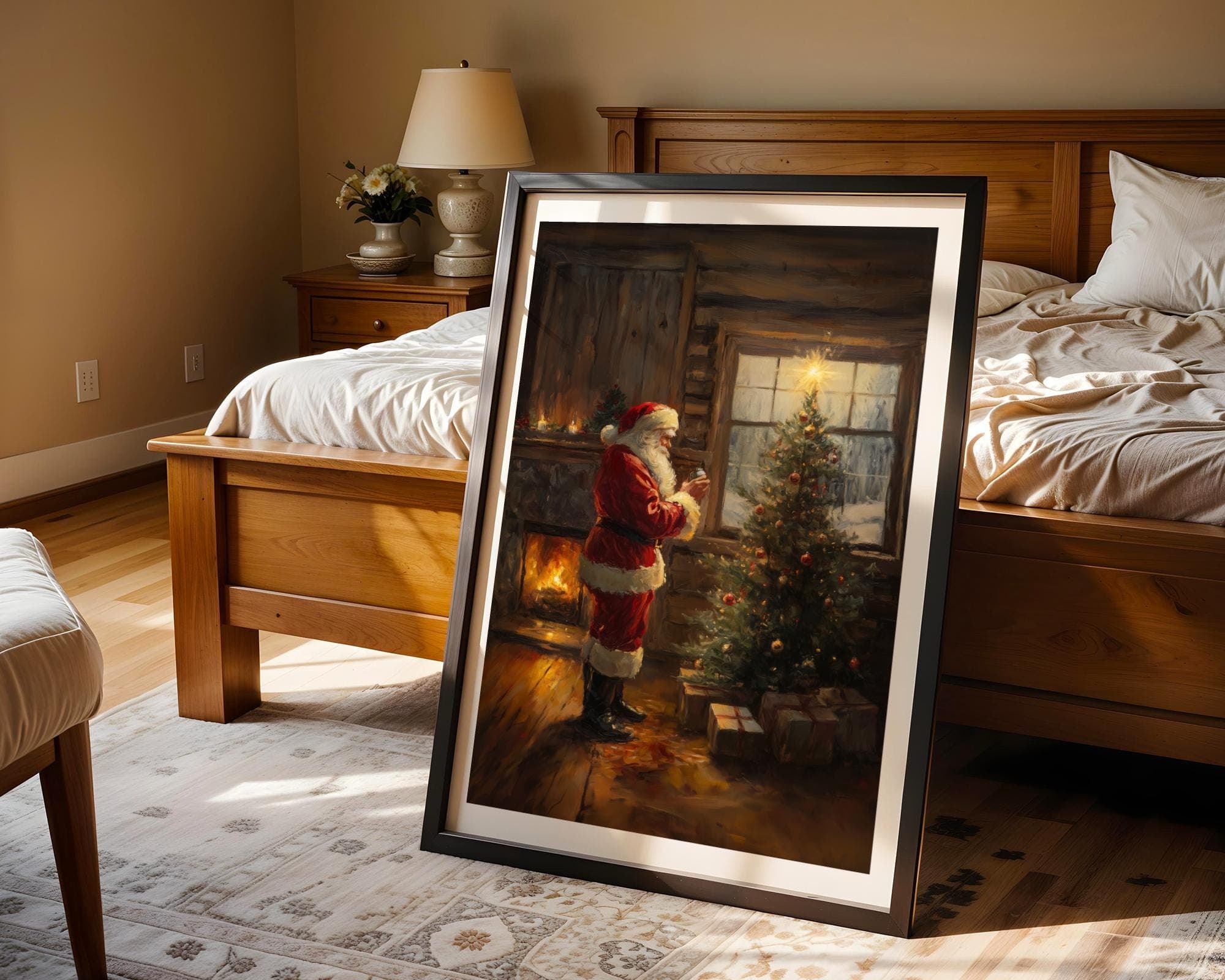 Santa Claus Decorating Christmas Tree Print, Vintage Cozy Christmas Wall Art Print, Digital Christmas Print, Warm Holiday Print, Santa Art - view 3