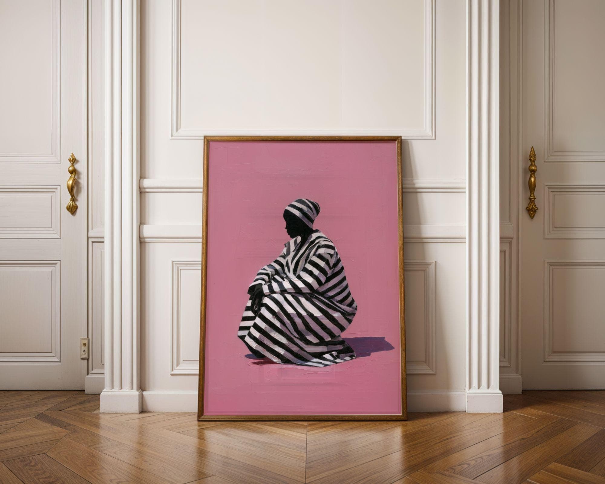Pink Wall Art Print, Striped Dress Woman Silhouette, Modern Fashion Decor, Bedroom Living Room, Modern Woman Wall Art, Pink Background Print - view 5