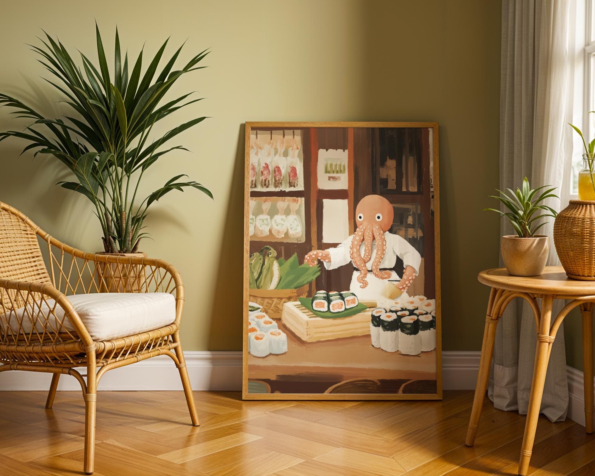 Whimsical Octopus Chef Wall Art, Funny Octopus Sushi Chef Painting, Quirky Sushi Restaurant Wall Art, Retro Japanese Sushi Bar Art, Digital - view 7