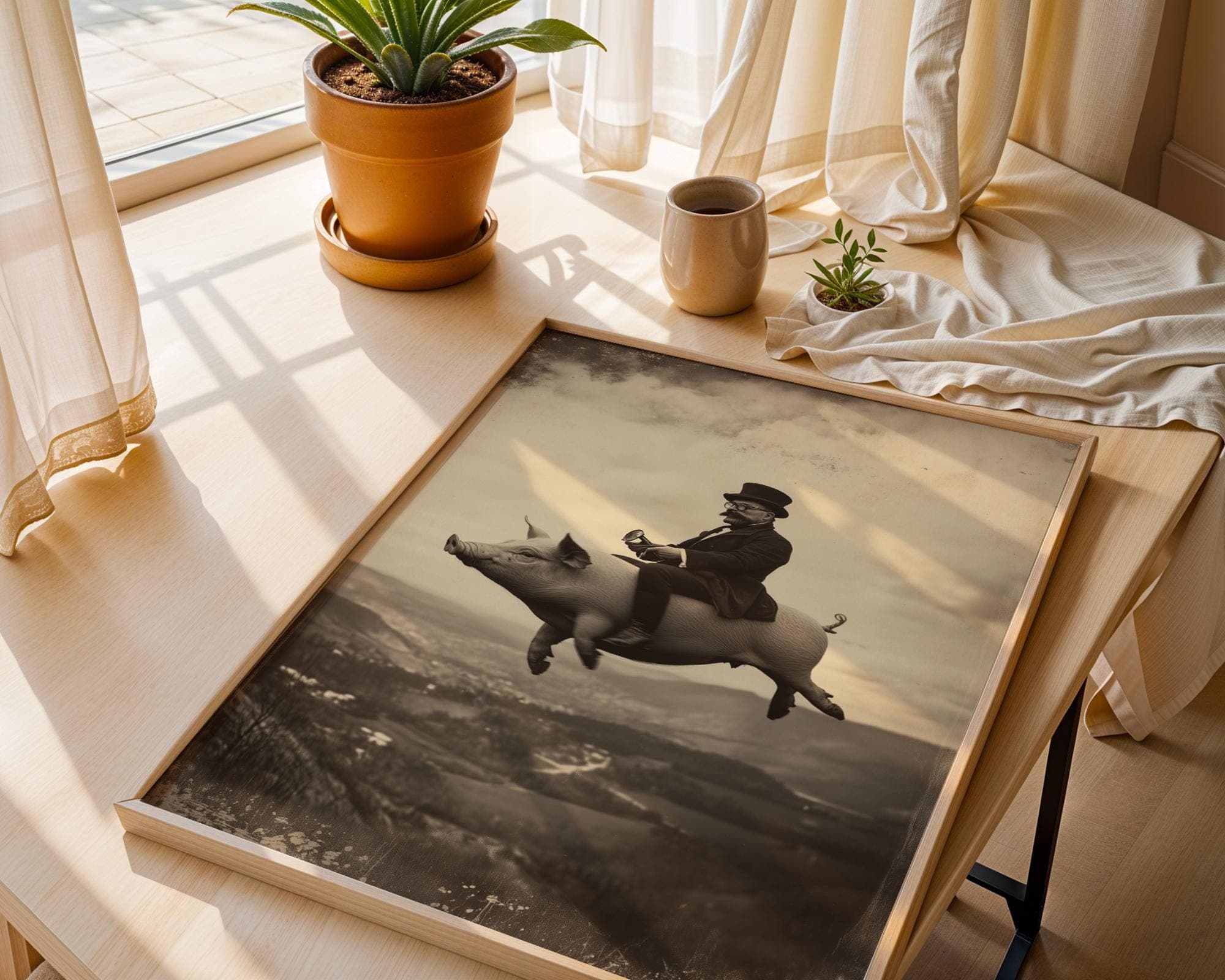 Flying Pig Wall Art – Surreal Vintage Gentleman Riding Pig Print, Digital Wall Art, Sepia Surreal Art, Retro Fantasy Wall Decor, Funny Pig - view 2