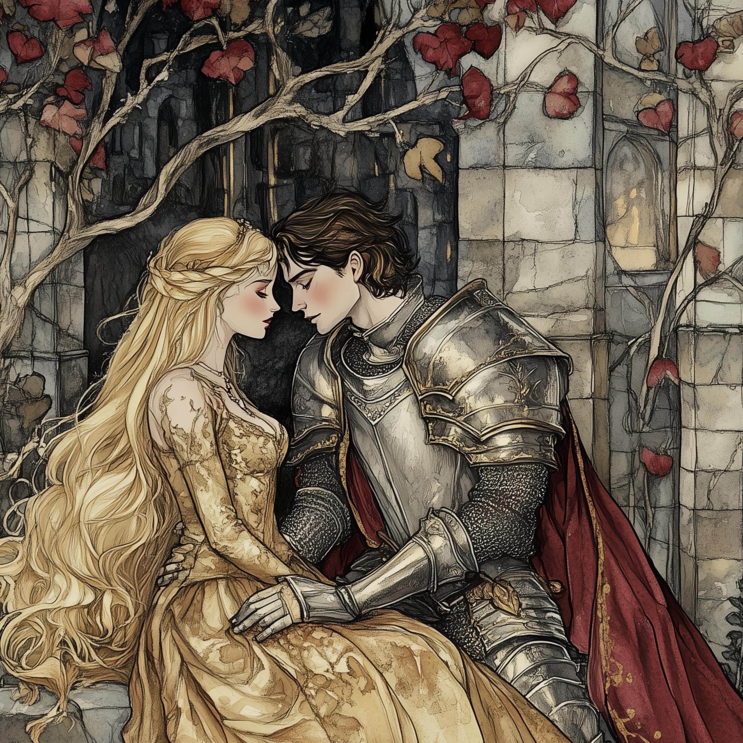 Medieval Knight Art Print, Medieval Princess Art Print, Romantic Fairytale Digital Print, Medieval Love Print, Medieval Lovers Digital Art - view 2