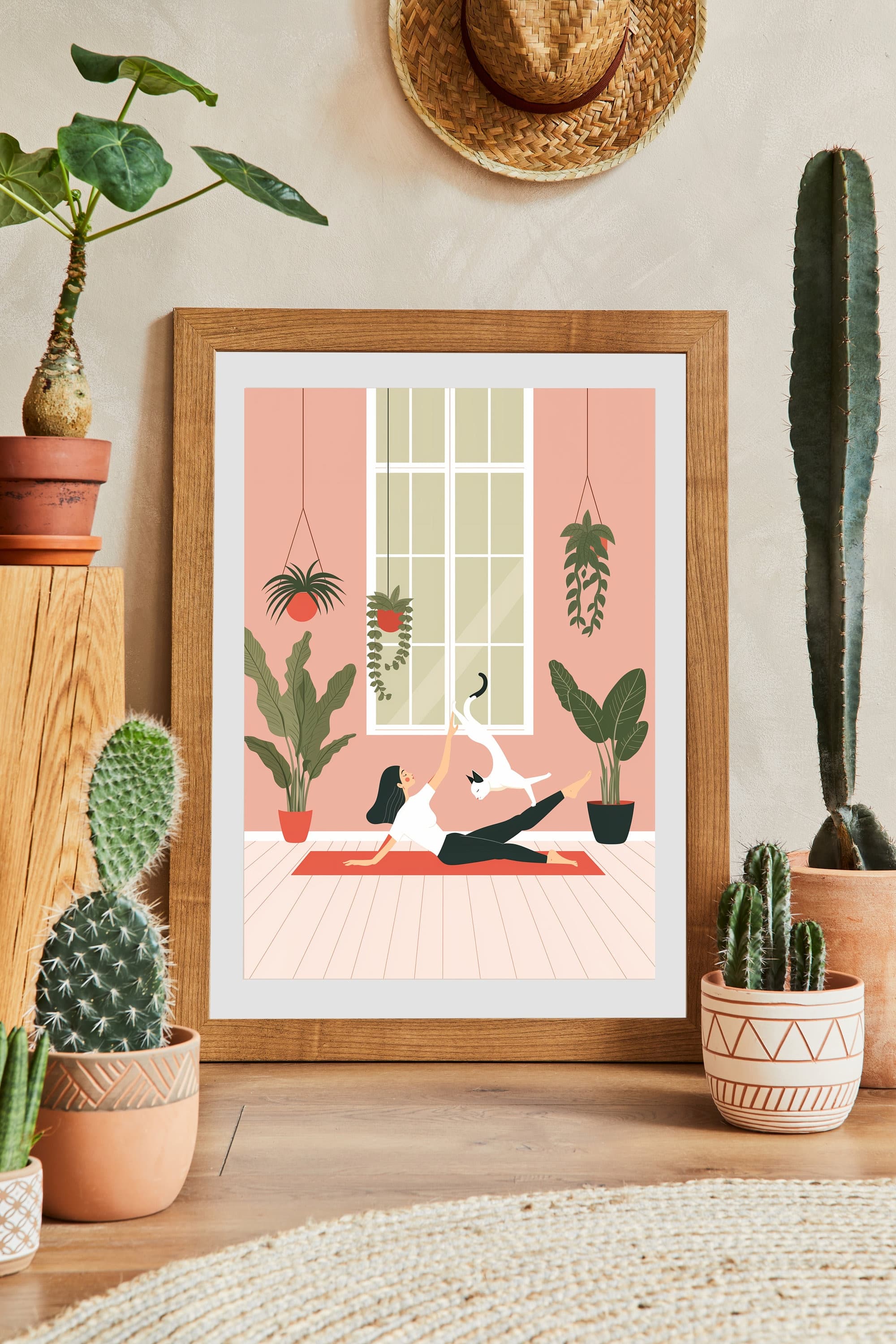 Yoga Cat and Woman Print, Cat Yoga Print, White Cat Art, Yoga Room Decor, Yoga Lover,Serene Yoga Meditation Art Print, International Cat Day - view 2